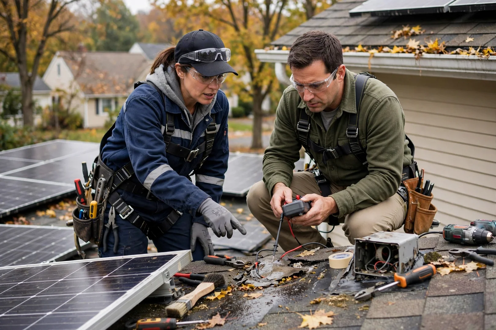 Technician reviewing rooftop solar array layout and cost estimate on a commercial building