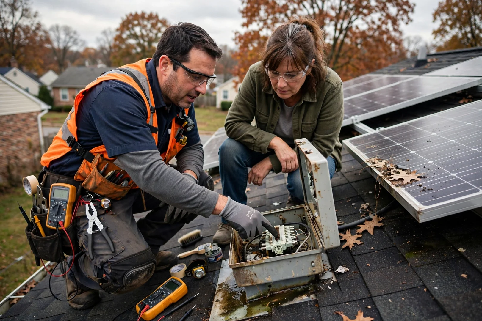 Technician reviewing commercial solar panel layout plans on a Fair Lawn rooftop
