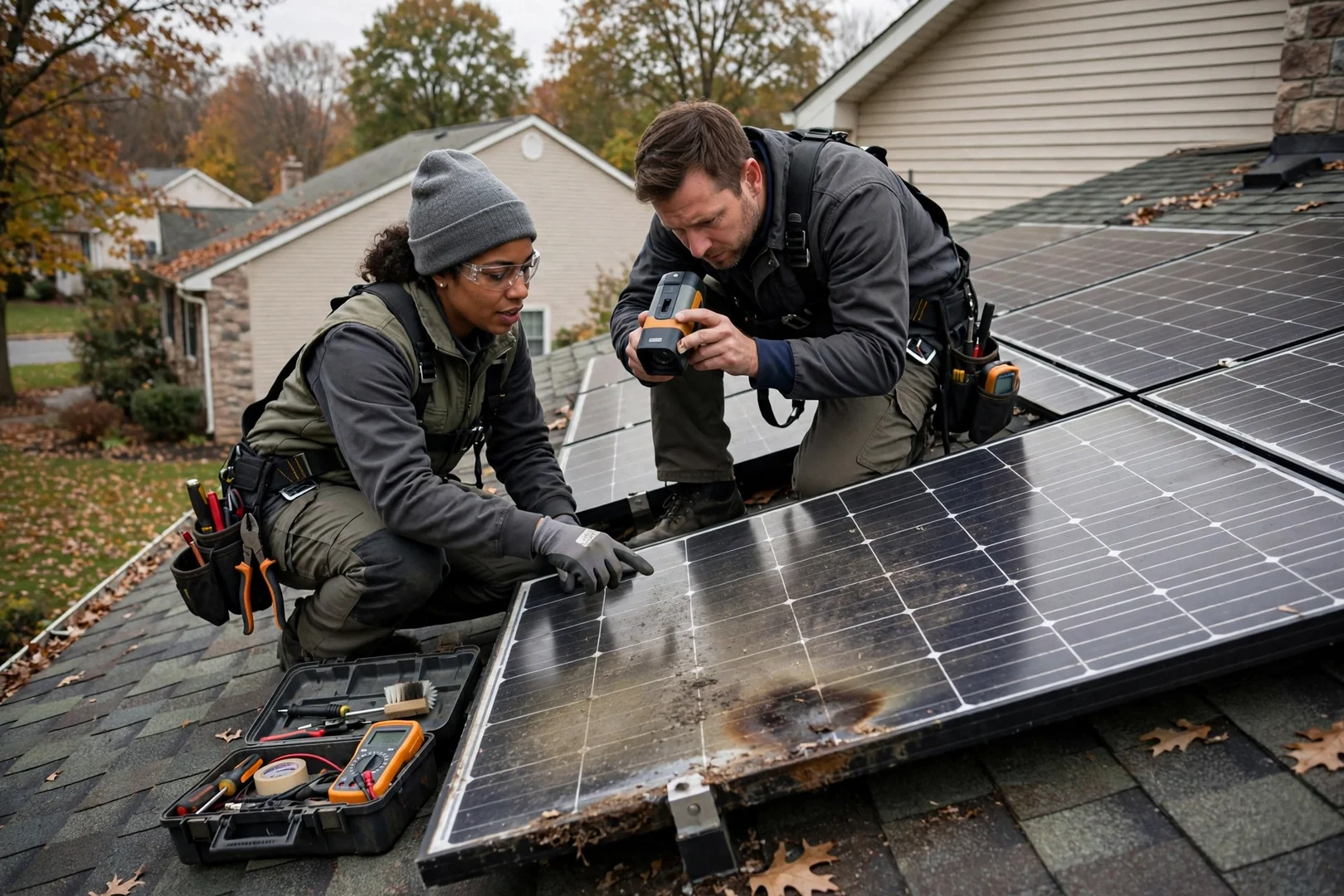Technicians securing ballasted solar racking on a flat commercial rooftop in Fair Lawn