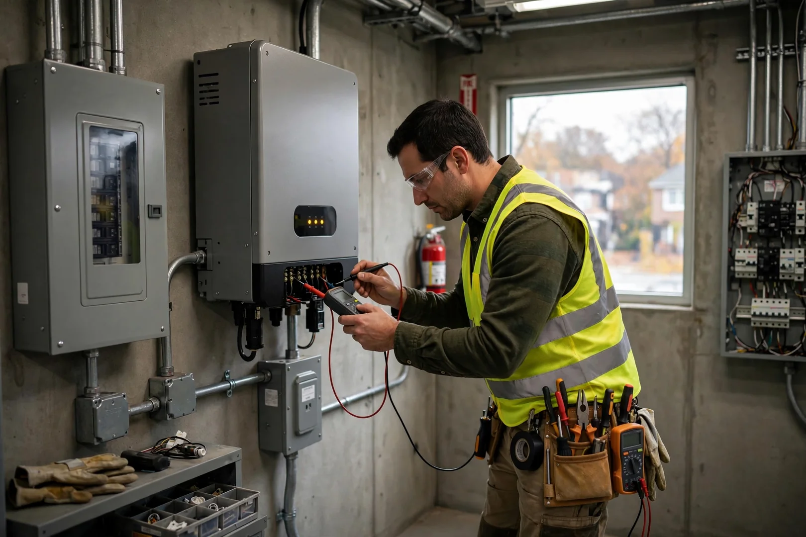 Inspector checking inverter fault readings inside a Fair Lawn commercial electrical room