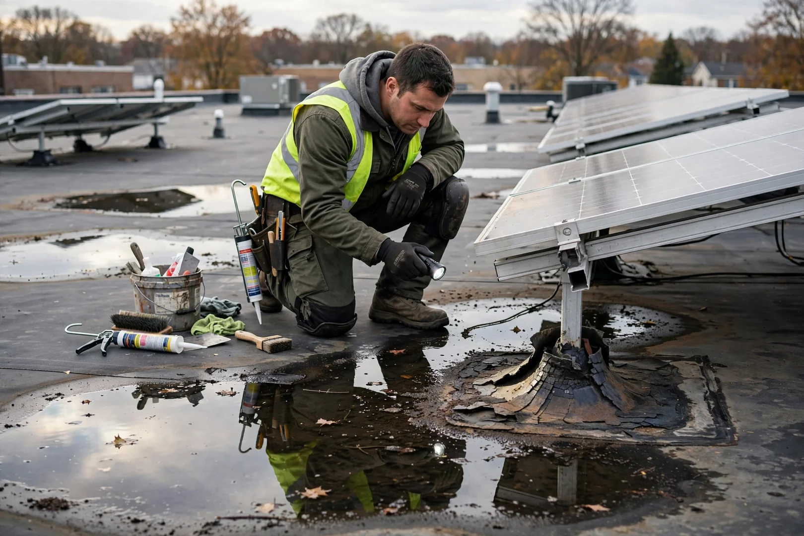Ponding water and worn flashing near rooftop solar mounts on a flat commercial roof