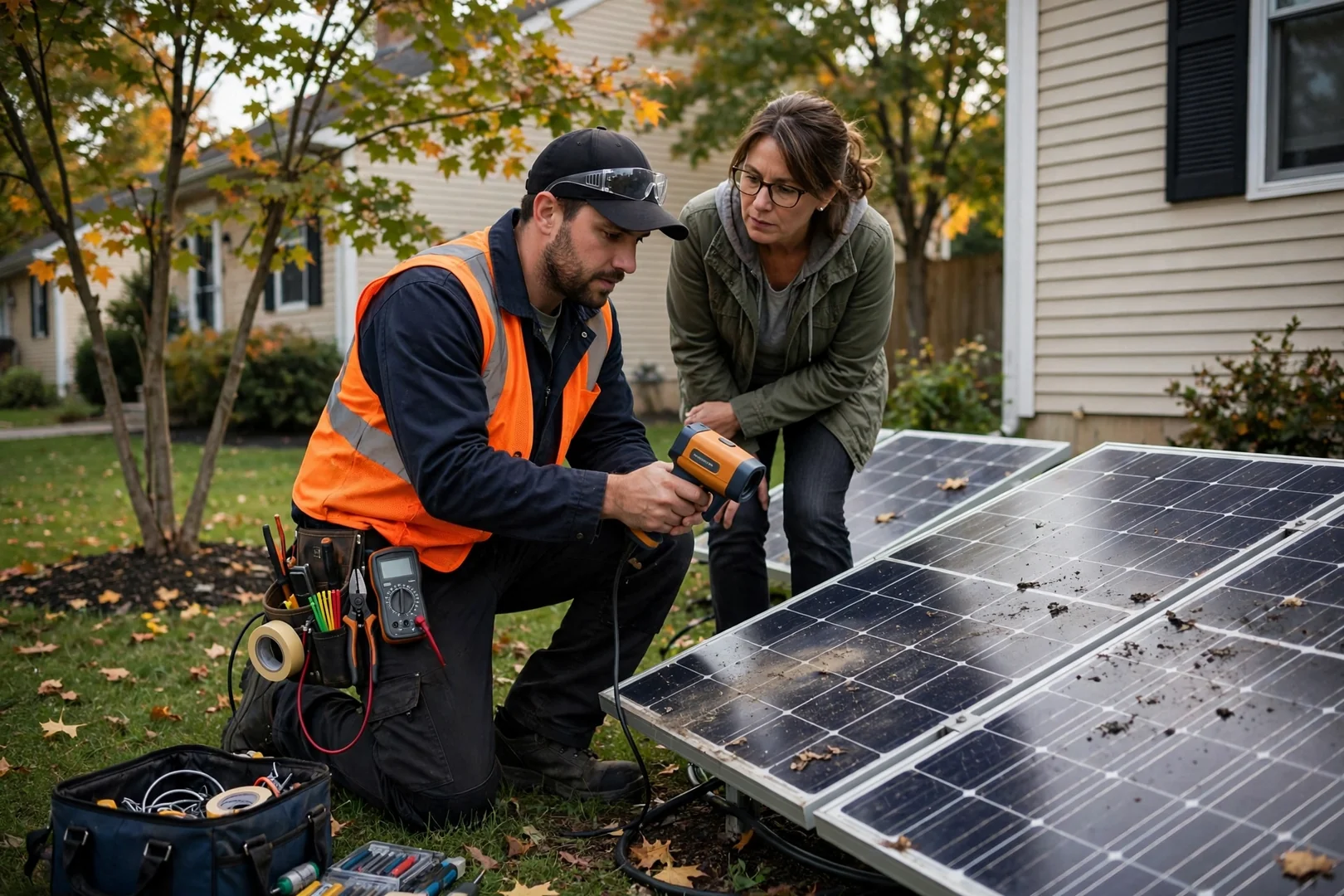Technician measuring yard grade before setting footings for a ground-mounted solar array