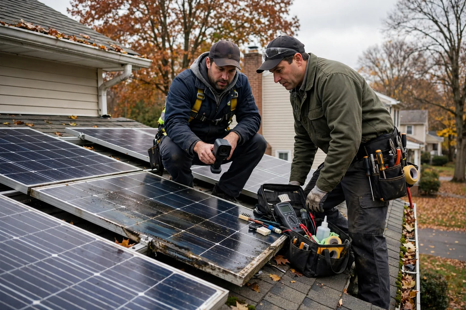 Technician reviewing ground-mounted solar array layout with homeowner in a Fair Lawn backyard
