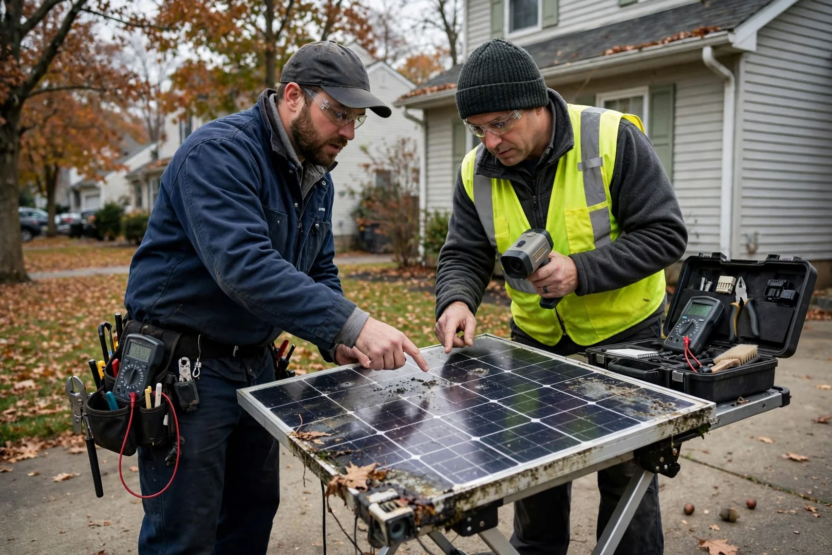 Technician aligning ground-mounted solar panel racking on a residential Fair Lawn backyard lot