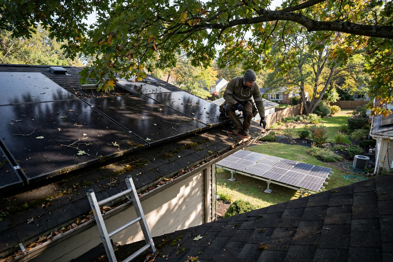 Shaded backyard rooftop showing why a ground-mounted array performs better on this property