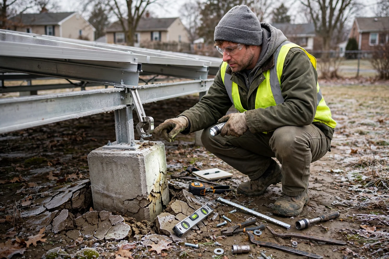 Frost-heaved solar mounting piers and loose racking clamps inspected during a site diagnosis
