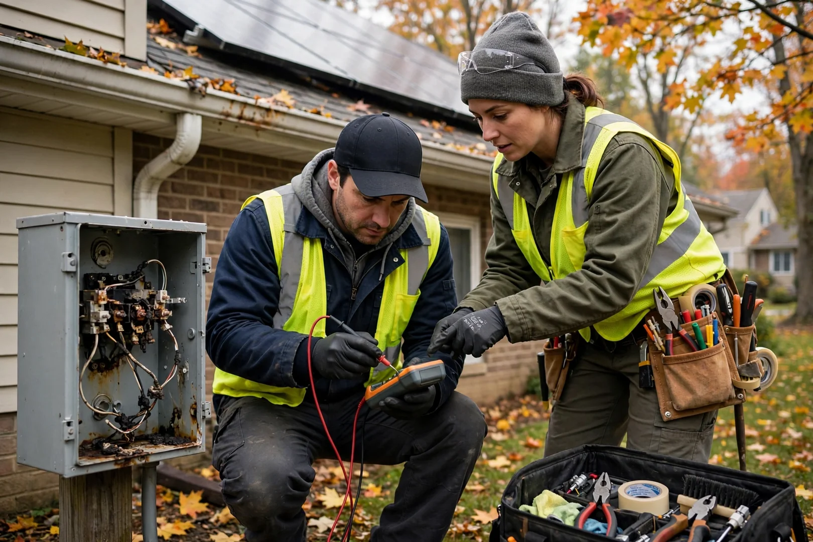 Technician reviewing hybrid inverter and battery placement options with a Fair Lawn homeowner