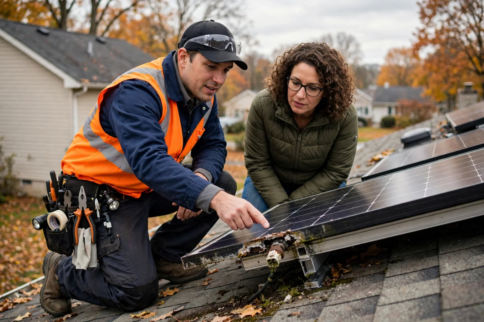 Solar technician reviewing hybrid inverter and battery plans with homeowner in Fair Lawn