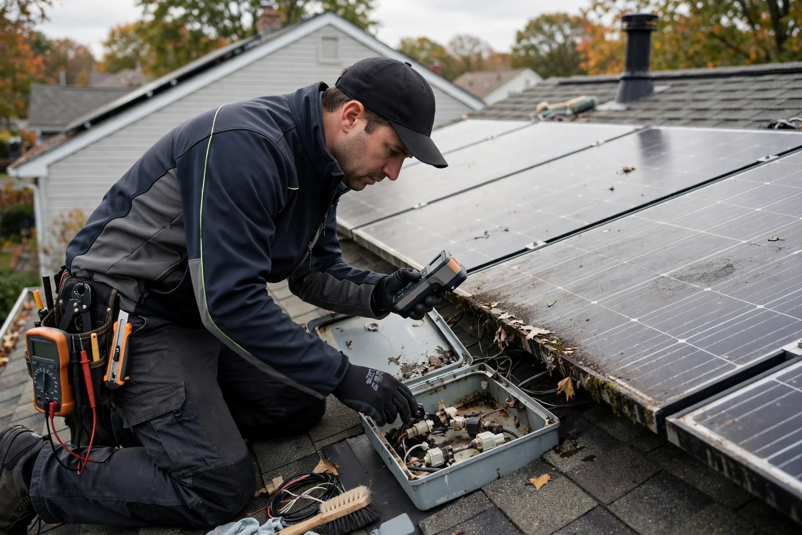 Hybrid solar battery cabinet mounted in a residential garage