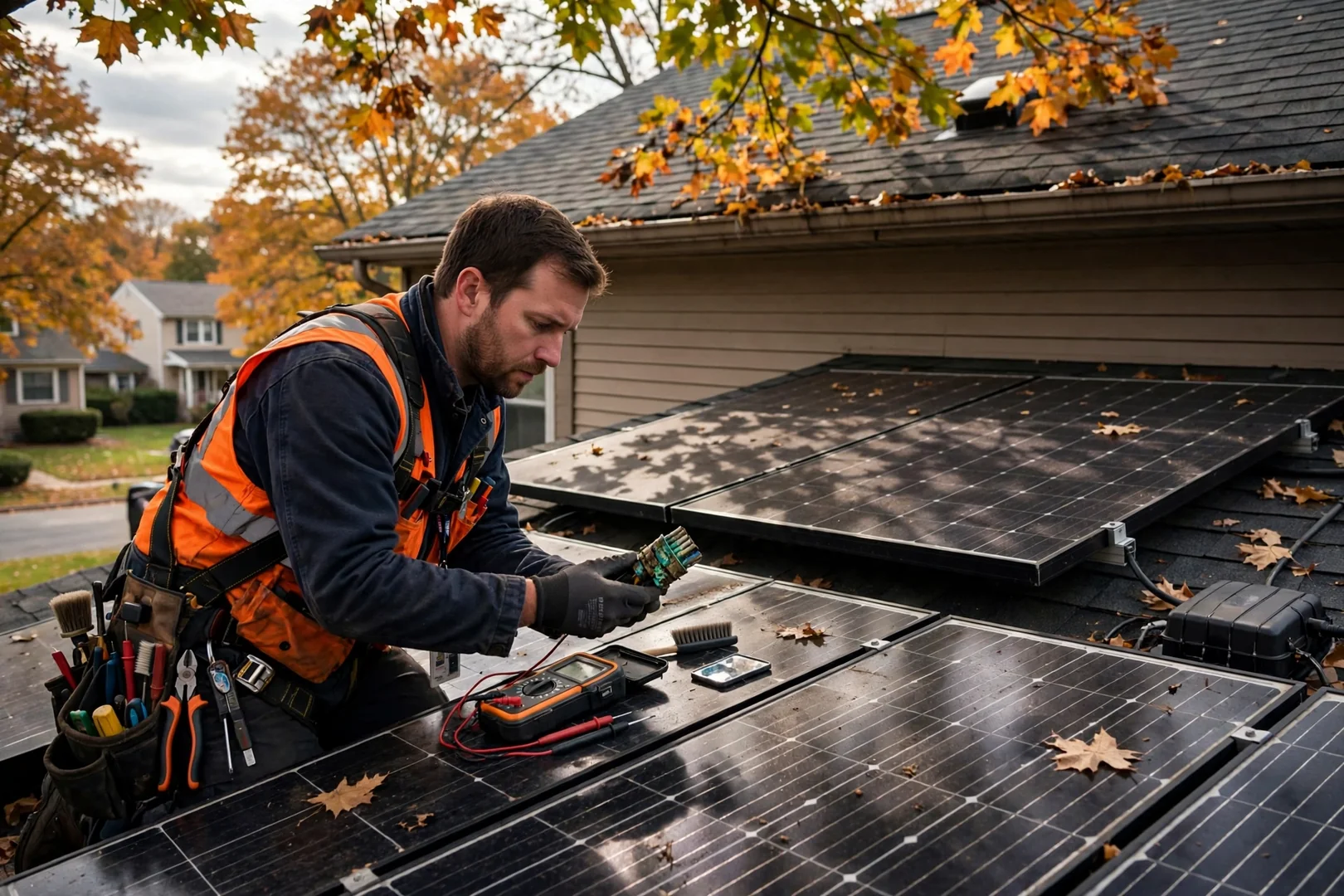 Roof array inspection showing corroded connectors and shading on a Fair Lawn home