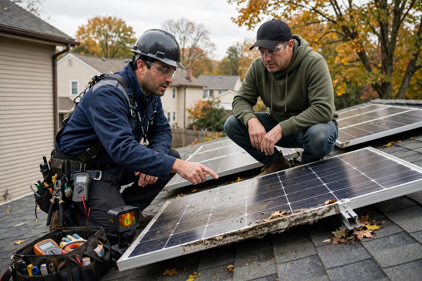 Technician checking battery bank wiring inside a garage during off-grid solar installation