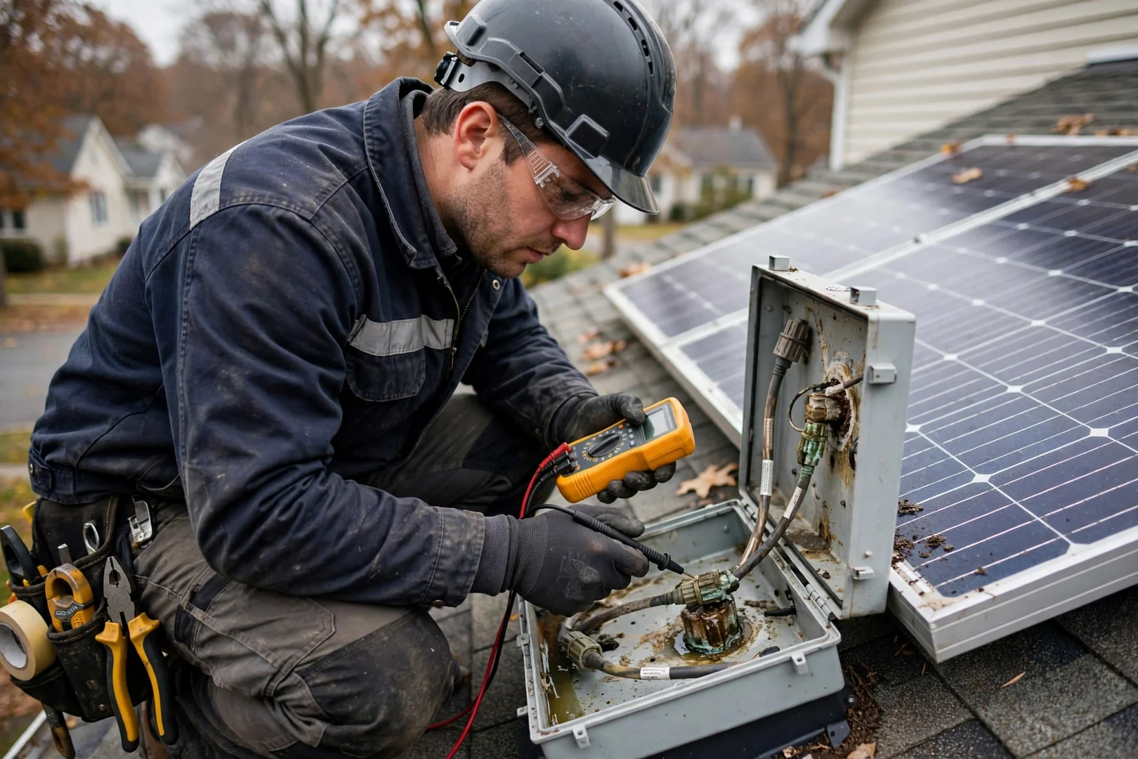 Installer checking charge controller readings inside a utility room