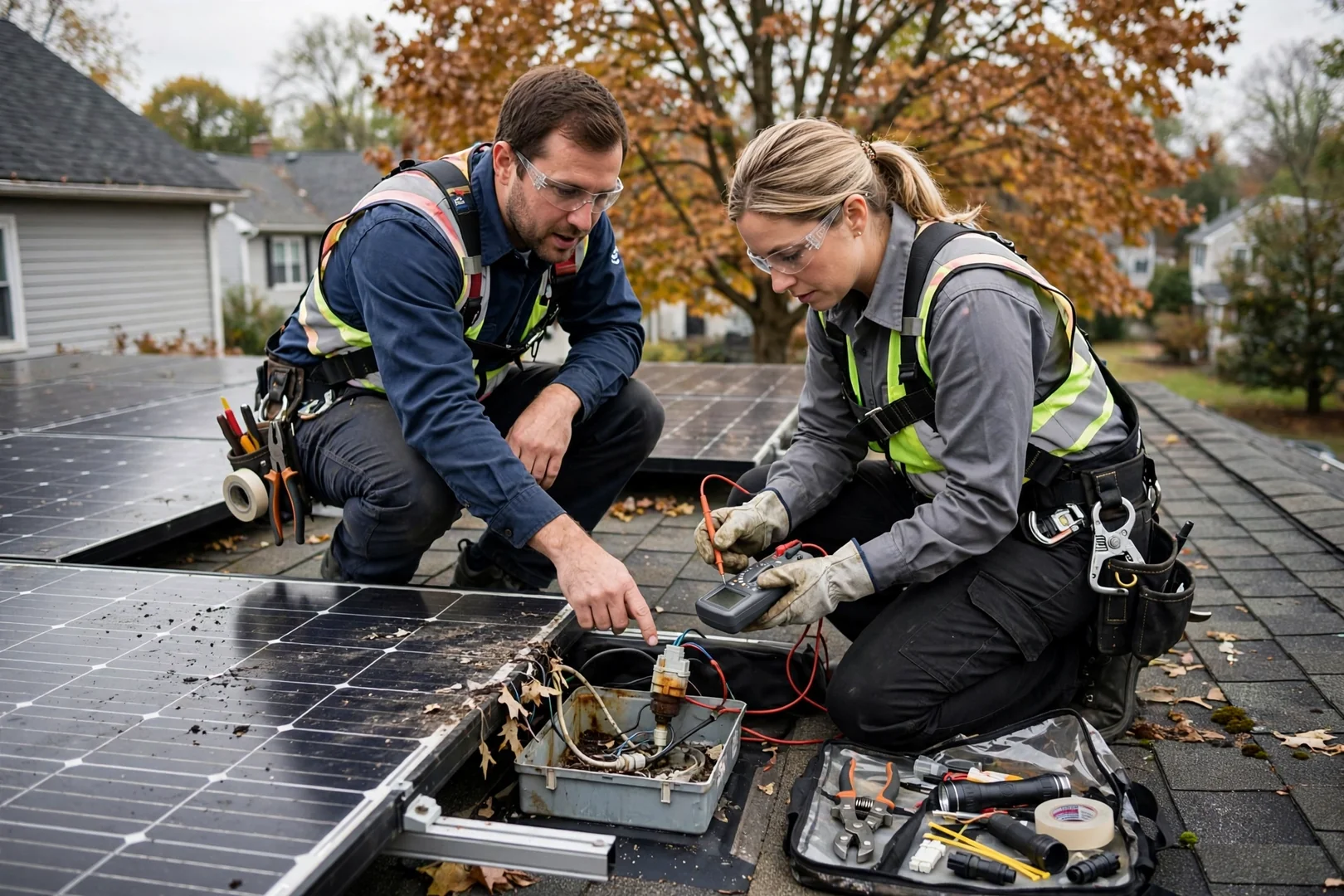 Technician reviewing off-grid solar battery bank wiring at a Fair Lawn home