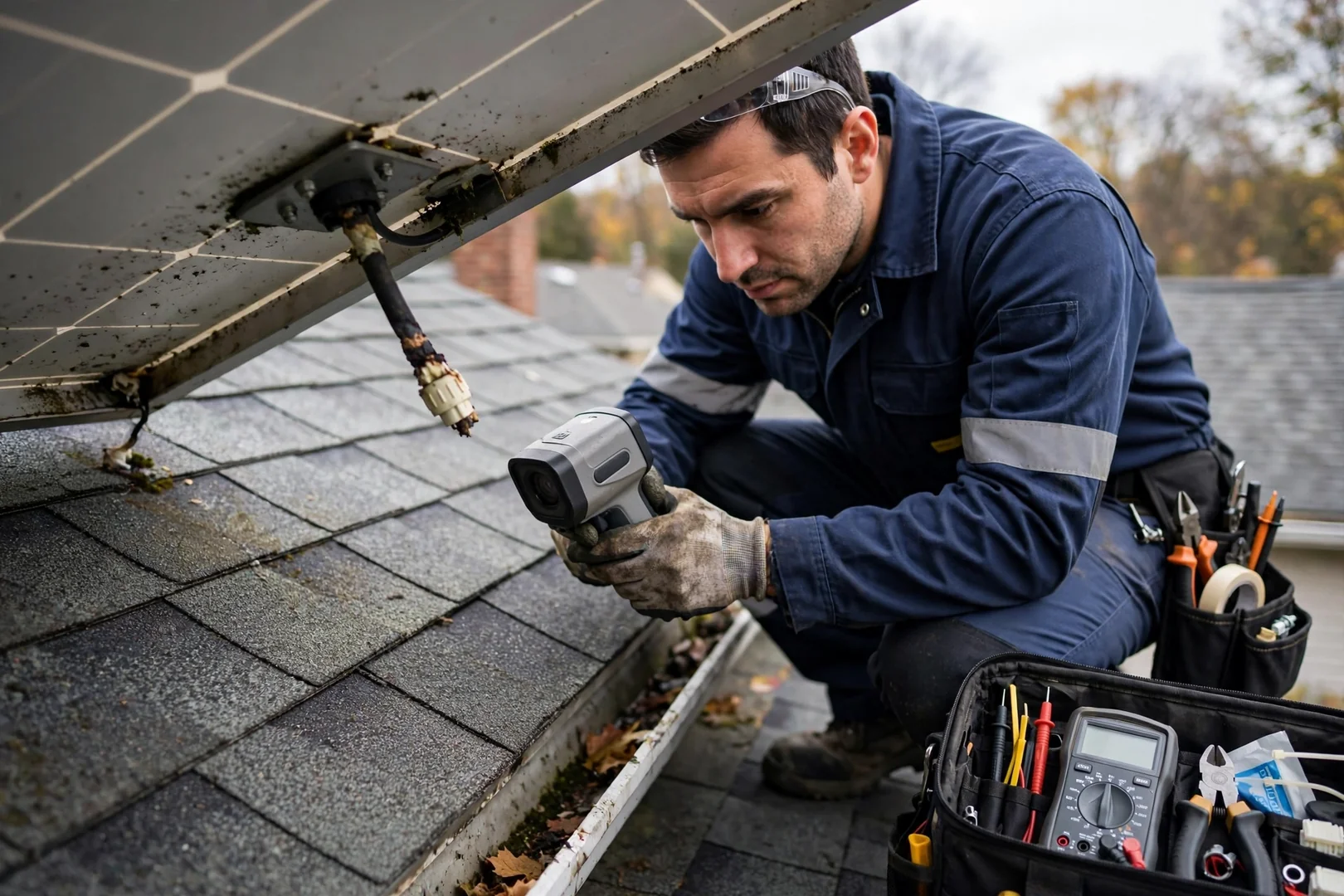 Ground-mounted off-grid solar array in a residential yard
