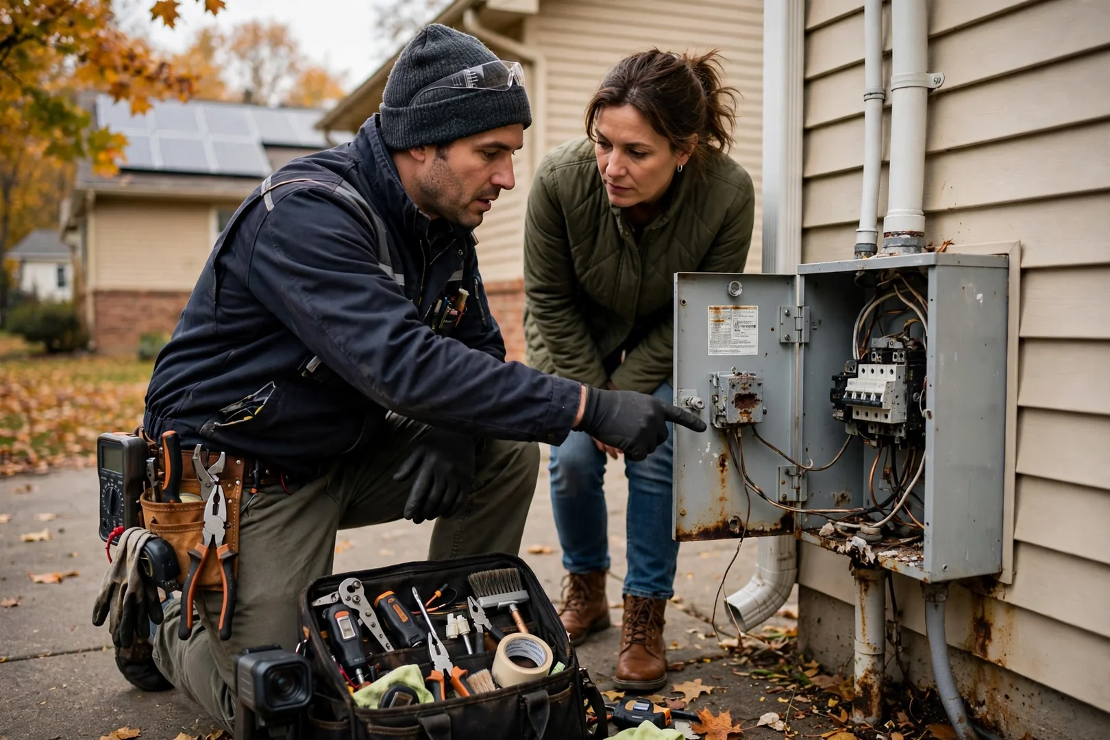 Technician wiring an off-grid battery bank and inverter in a Fair Lawn utility room