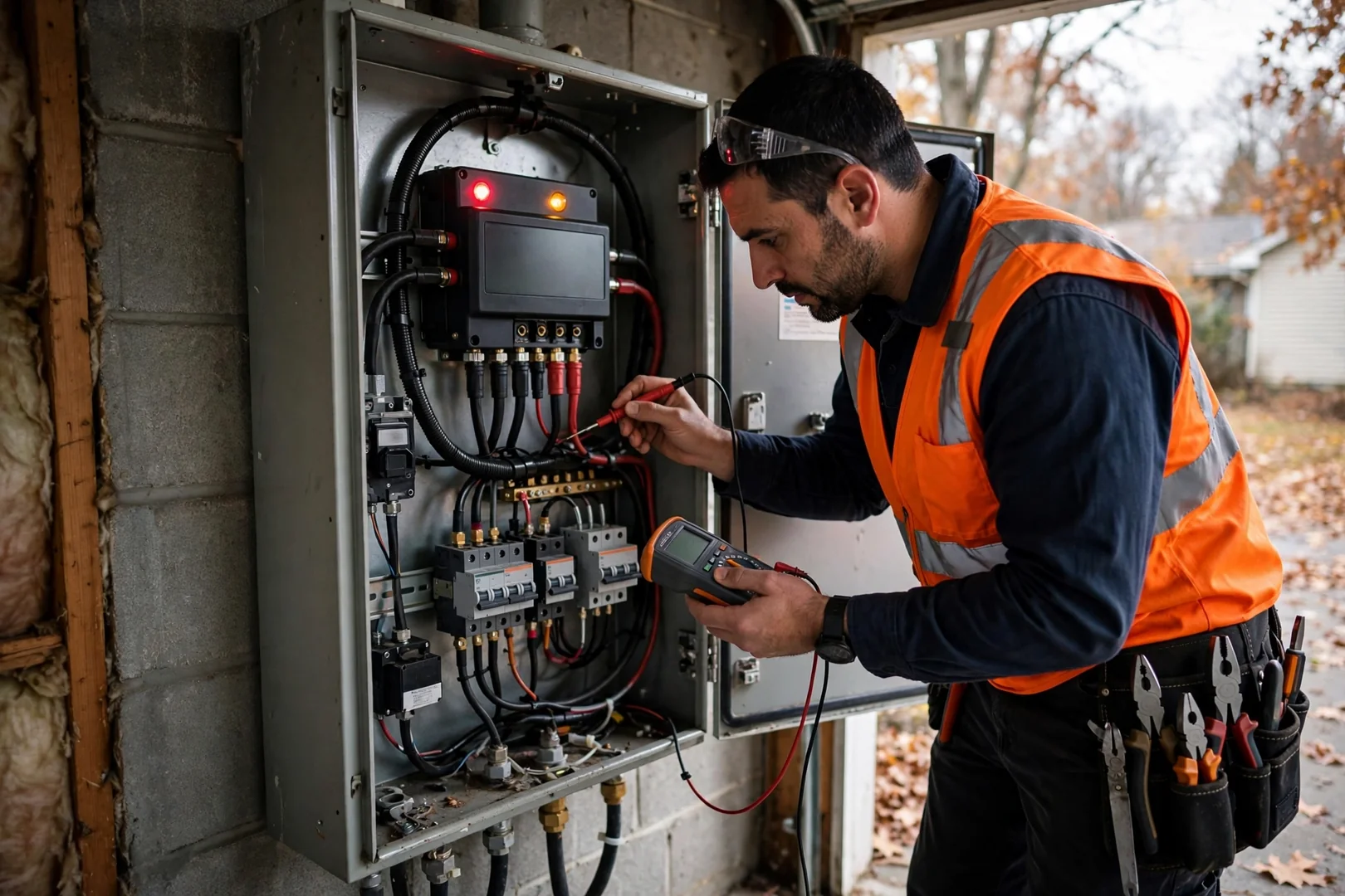 Charge controller showing a fault code inside an off-grid solar equipment cabinet