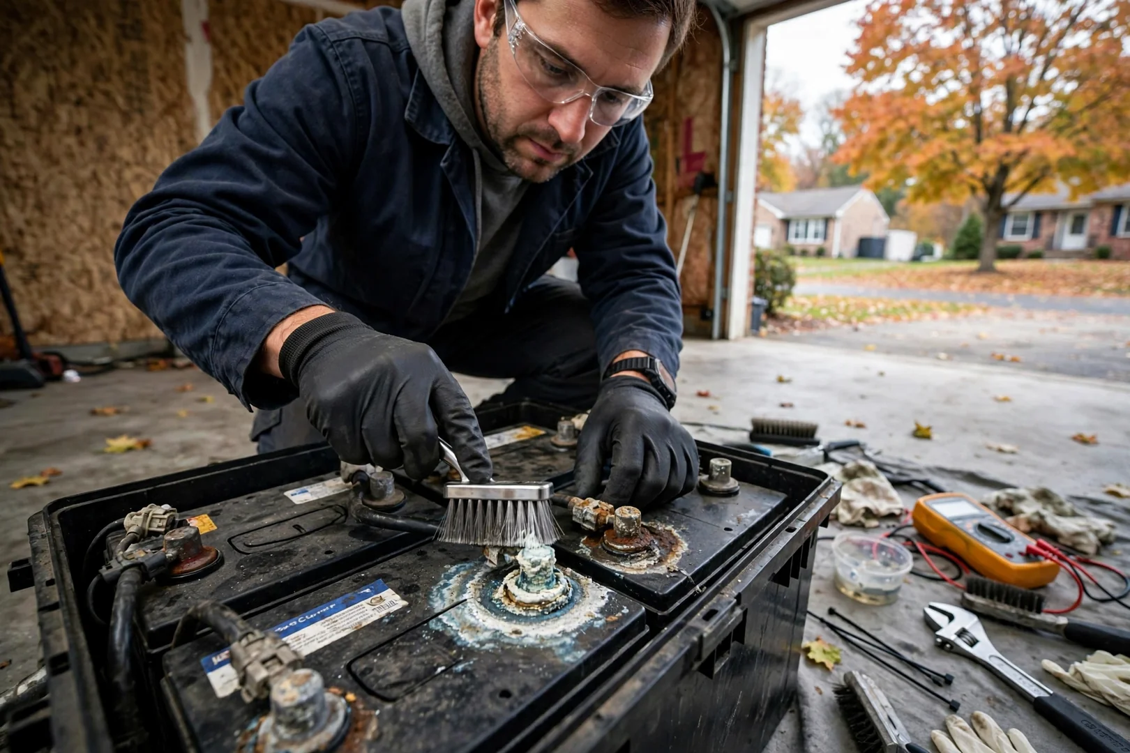 Corroded battery terminals inspected during an off-grid solar troubleshooting visit in Fair Lawn