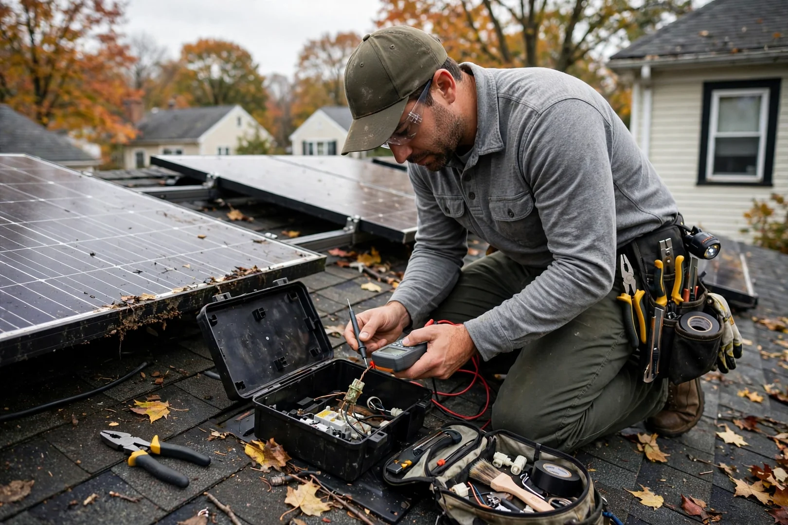 Technician reviewing rooftop solar array layout and cost estimate at a Fair Lawn home