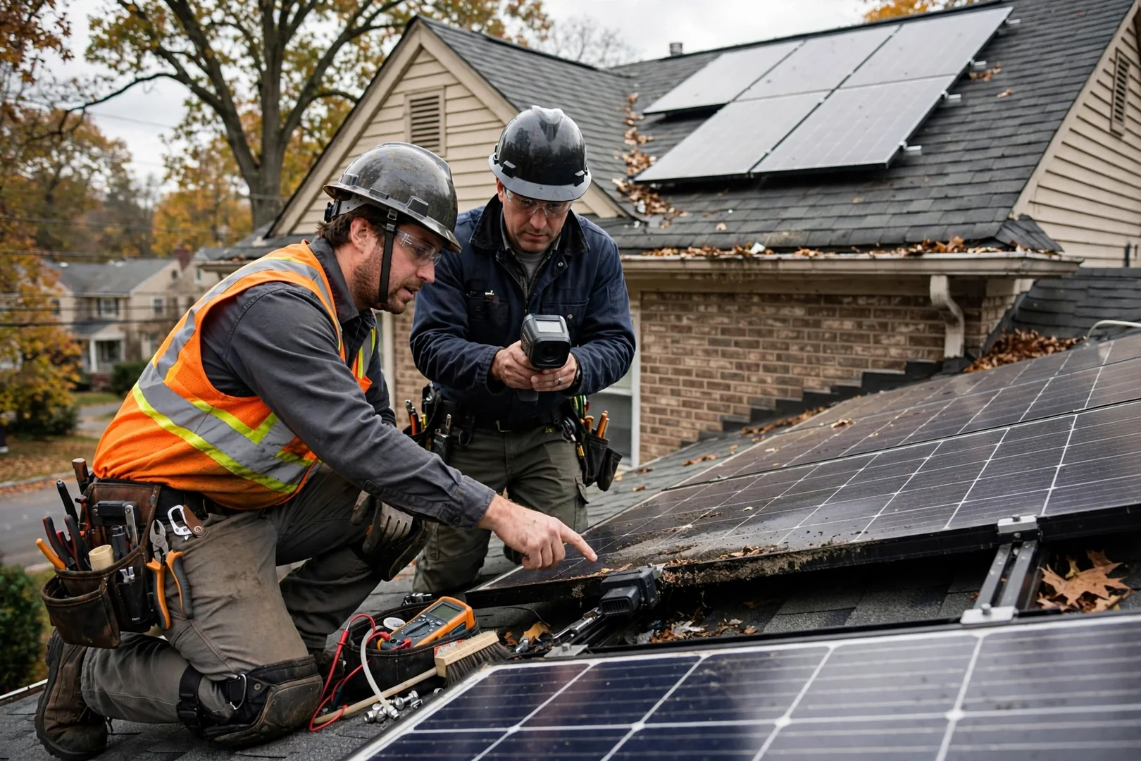 Technician reviewing residential solar panel layout on a Fair Lawn home rooftop