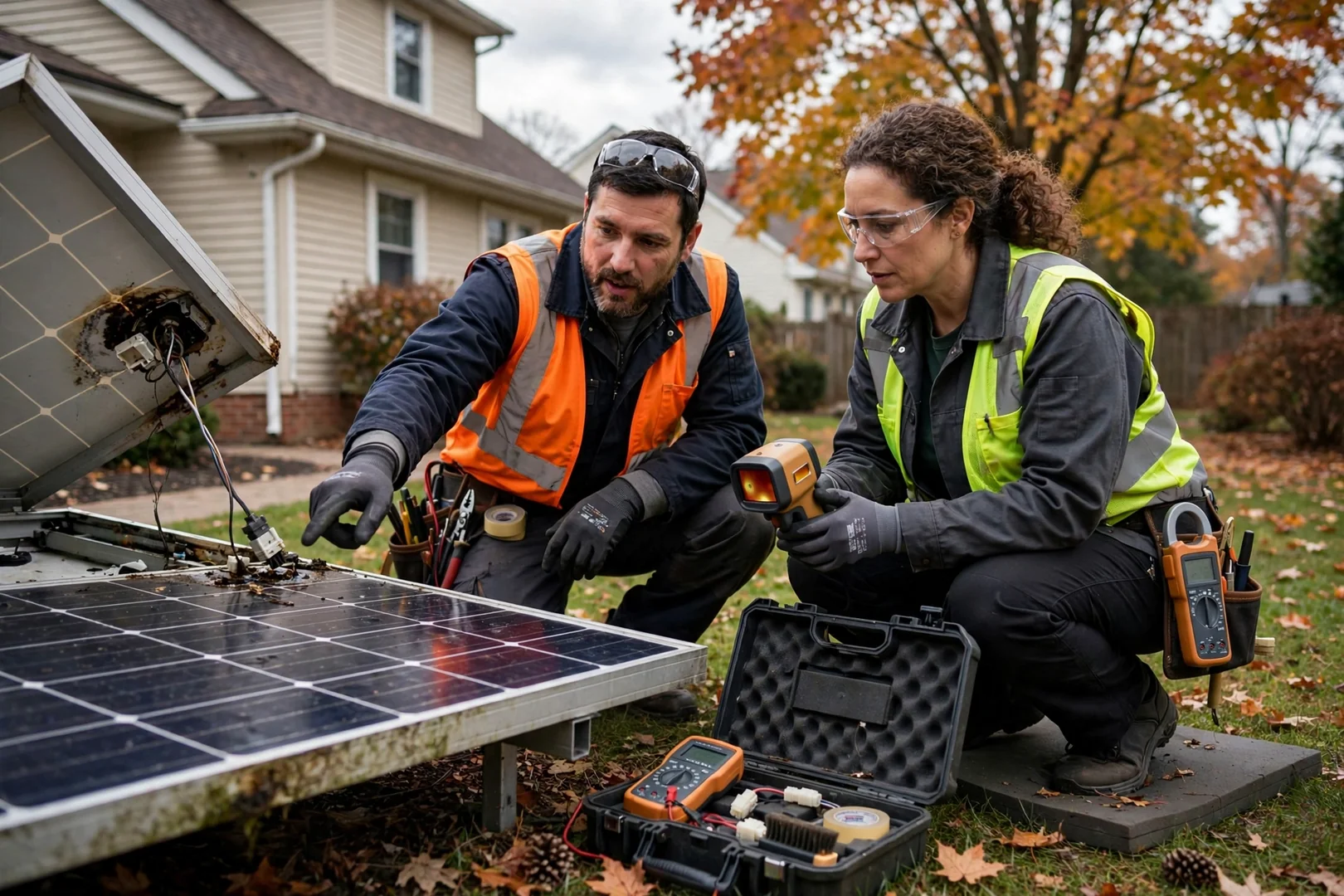 Technician installing rooftop solar panels on a Fair Lawn home during clear weather