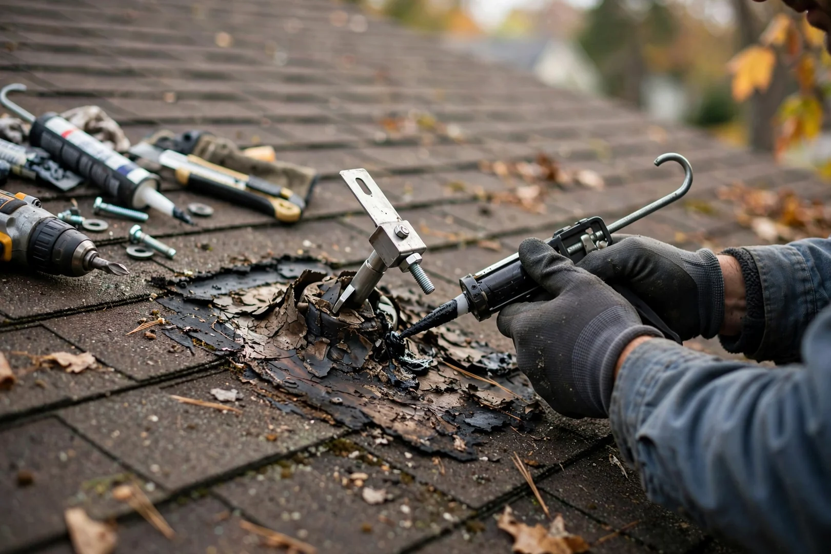 Close-up of loose solar mounting hardware and worn sealant on a shingle roof