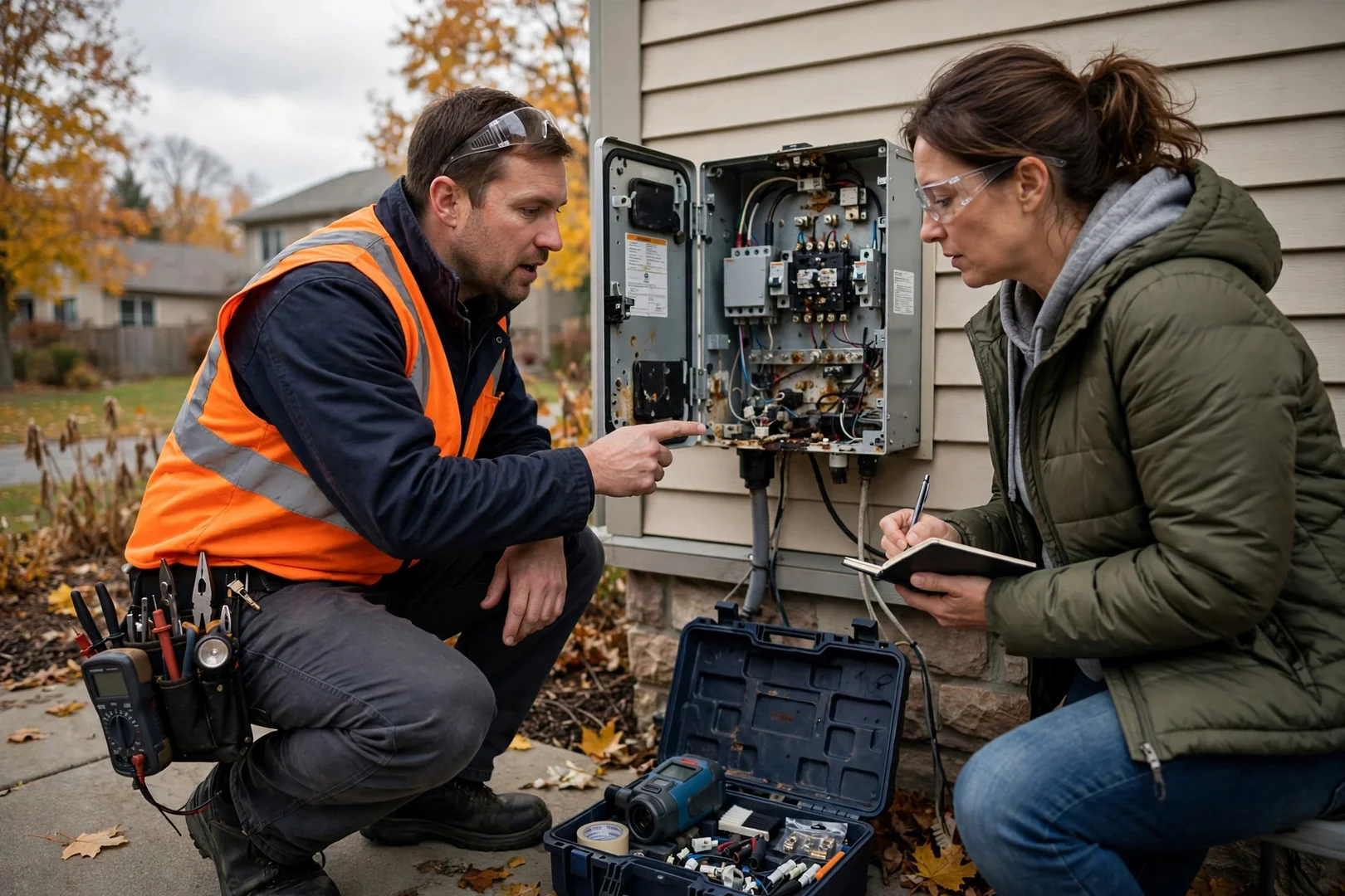 Technician mounting a home solar battery beside an electrical subpanel in a Fair Lawn garage