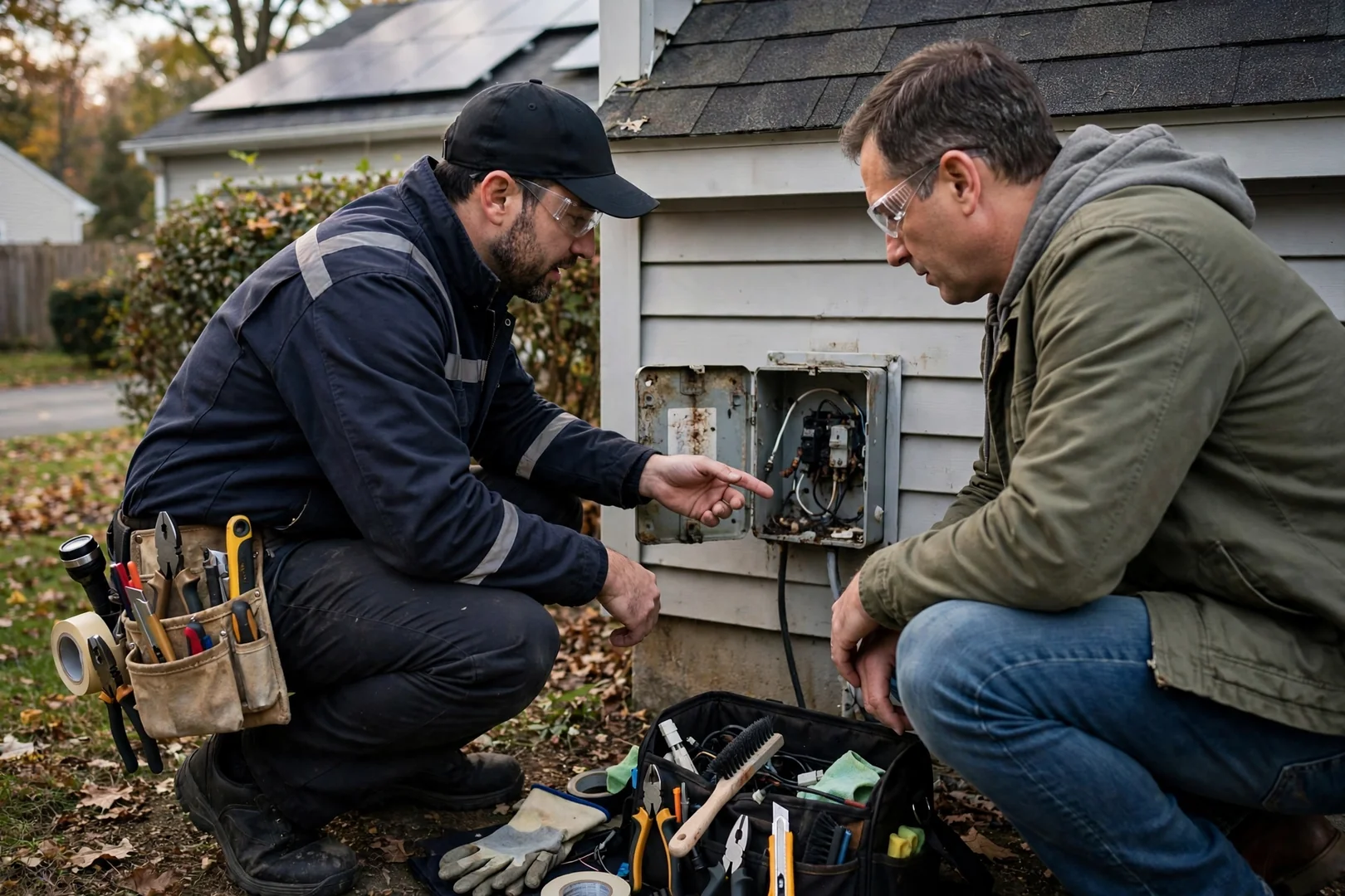 Wall-mounted battery and inverter wiring checked during a post-installation walkthrough