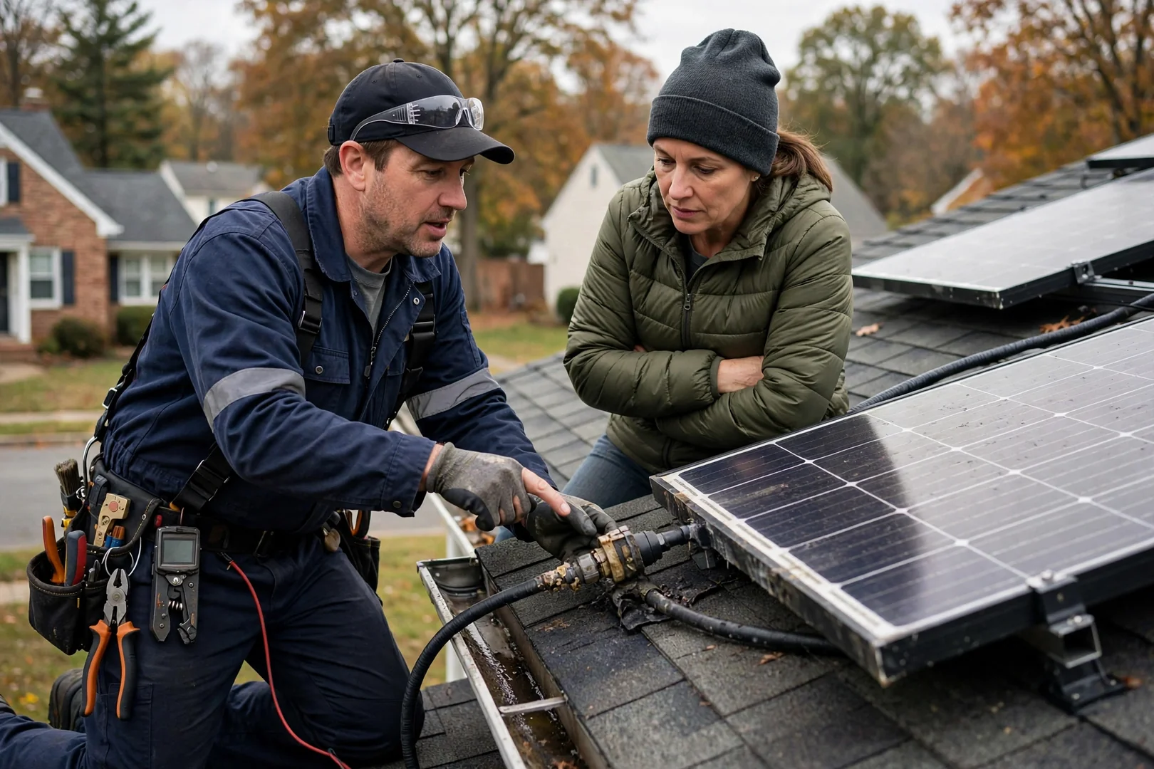 Technician mounting a solar battery storage unit inside a Fair Lawn home garage
