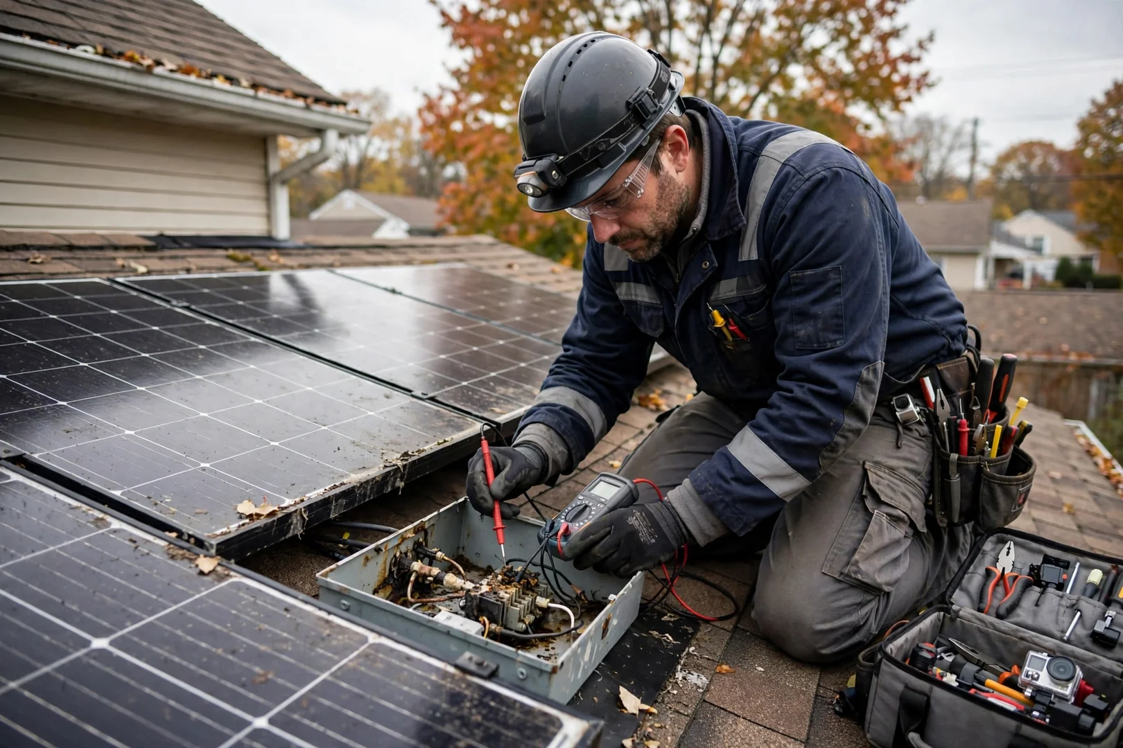 Technician mounting a wall battery storage unit beside a hybrid inverter in a Fair Lawn garage