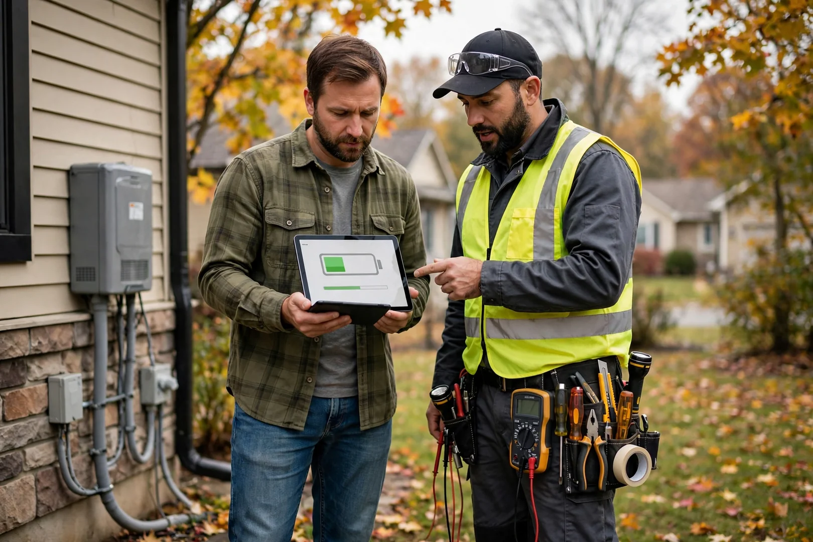 Homeowner reviewing backup runtime and state of charge on a solar monitoring app