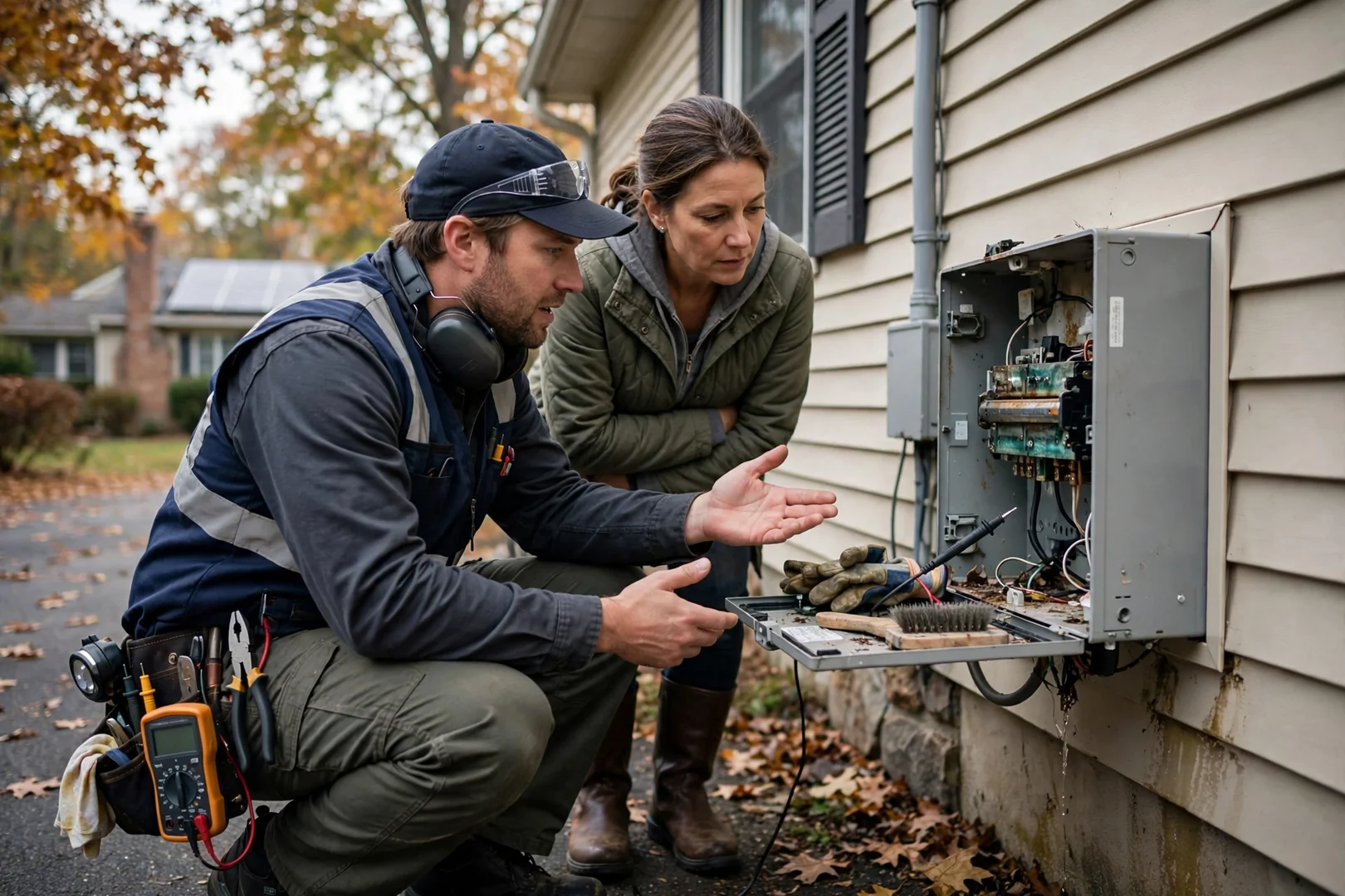 Technician testing a newly mounted solar inverter beside an electrical panel in a Fair Lawn garage