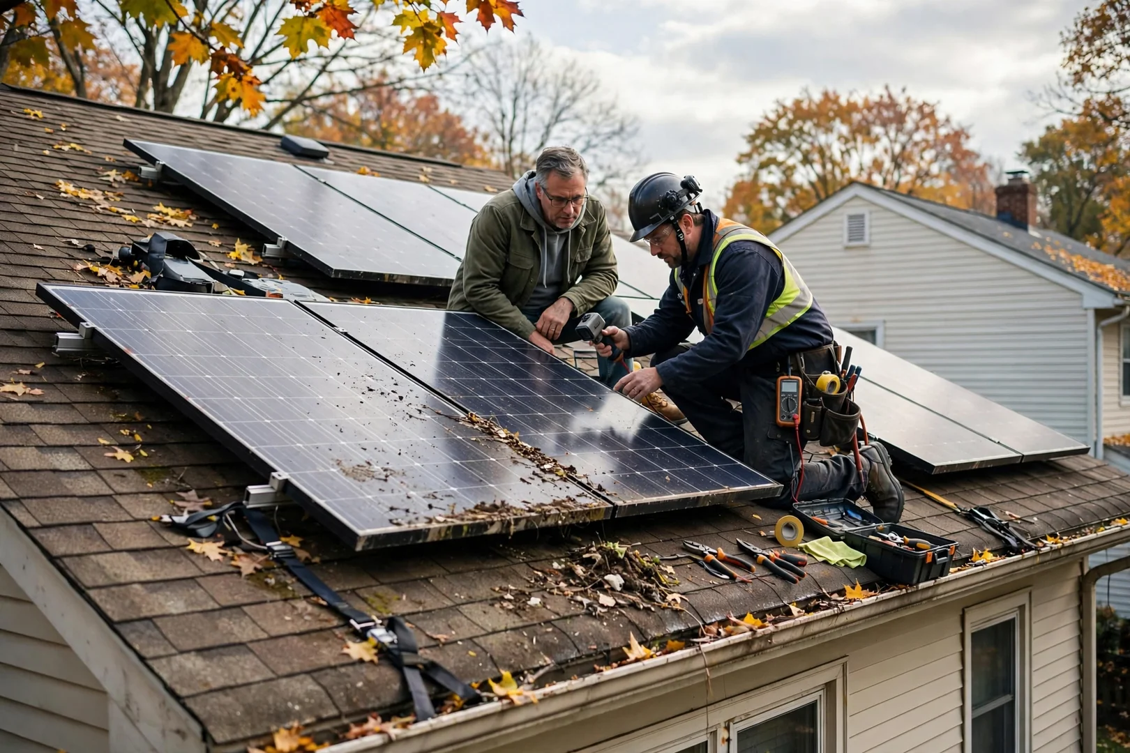 Solar technician wiring a replacement inverter beside a Fair Lawn home electrical panel