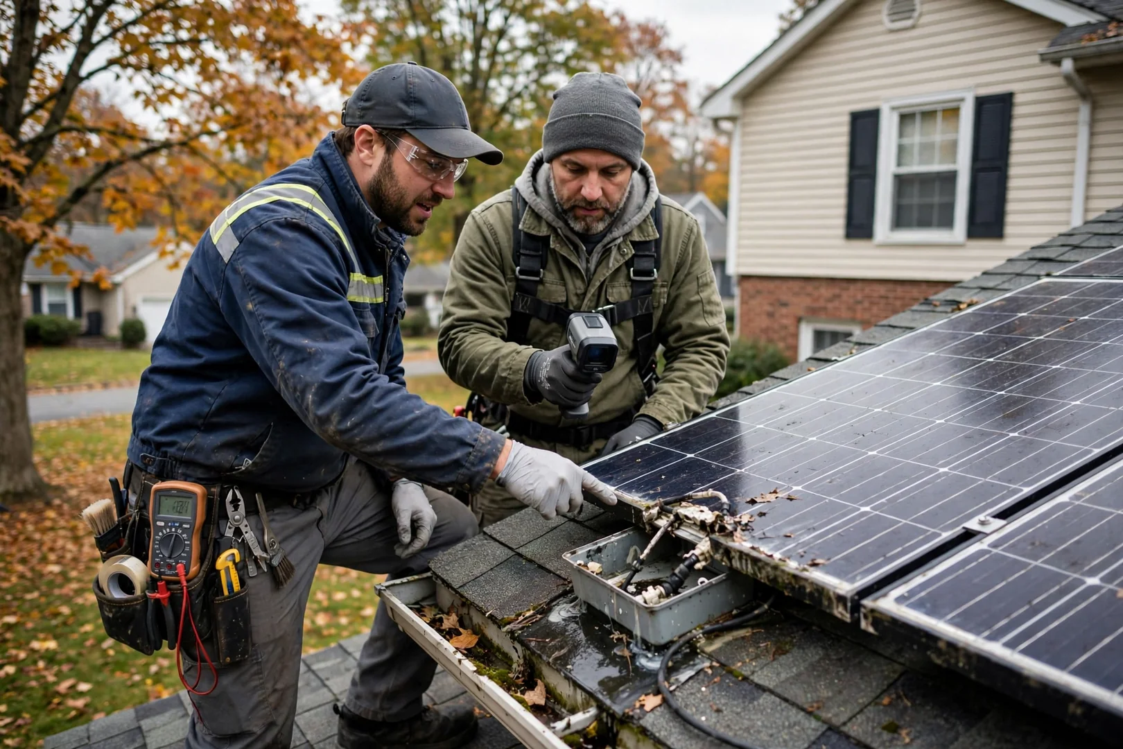 Technician mounting a replacement solar inverter on a Fair Lawn home exterior wall