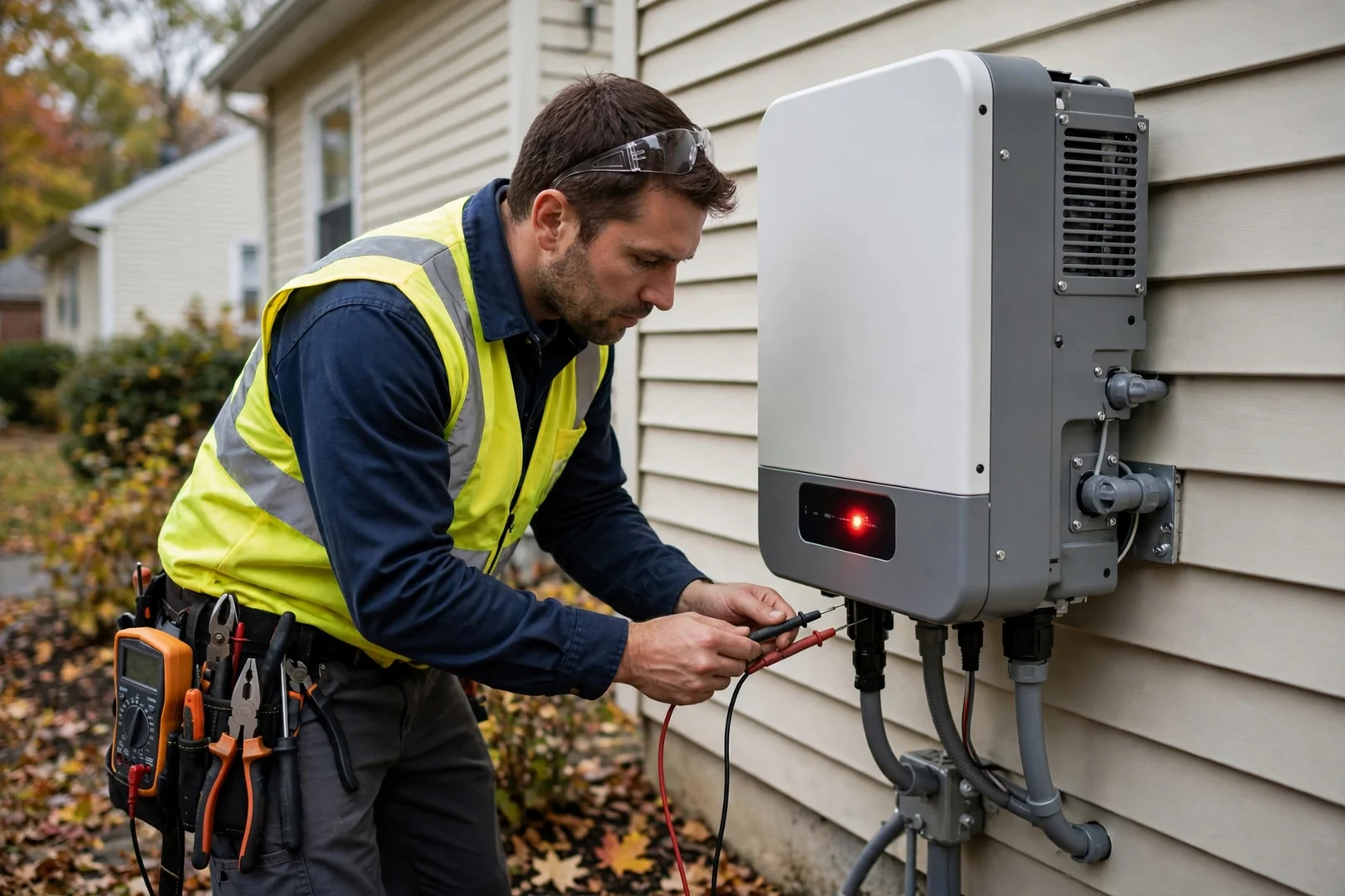 Fault indicator light glowing on a wall mounted residential solar inverter unit