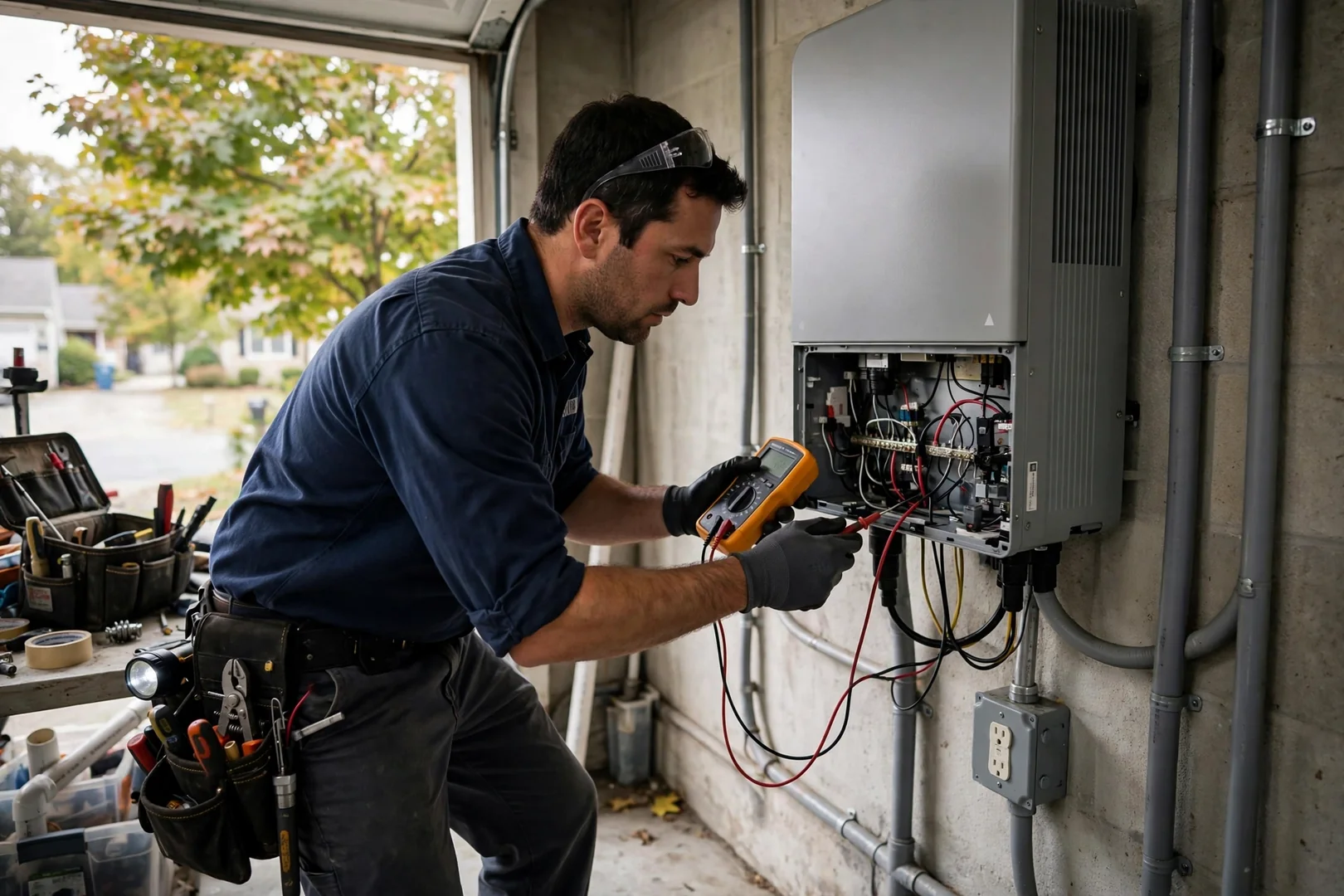 Technician testing inverter wiring and voltage readings during a Fair Lawn solar inspection