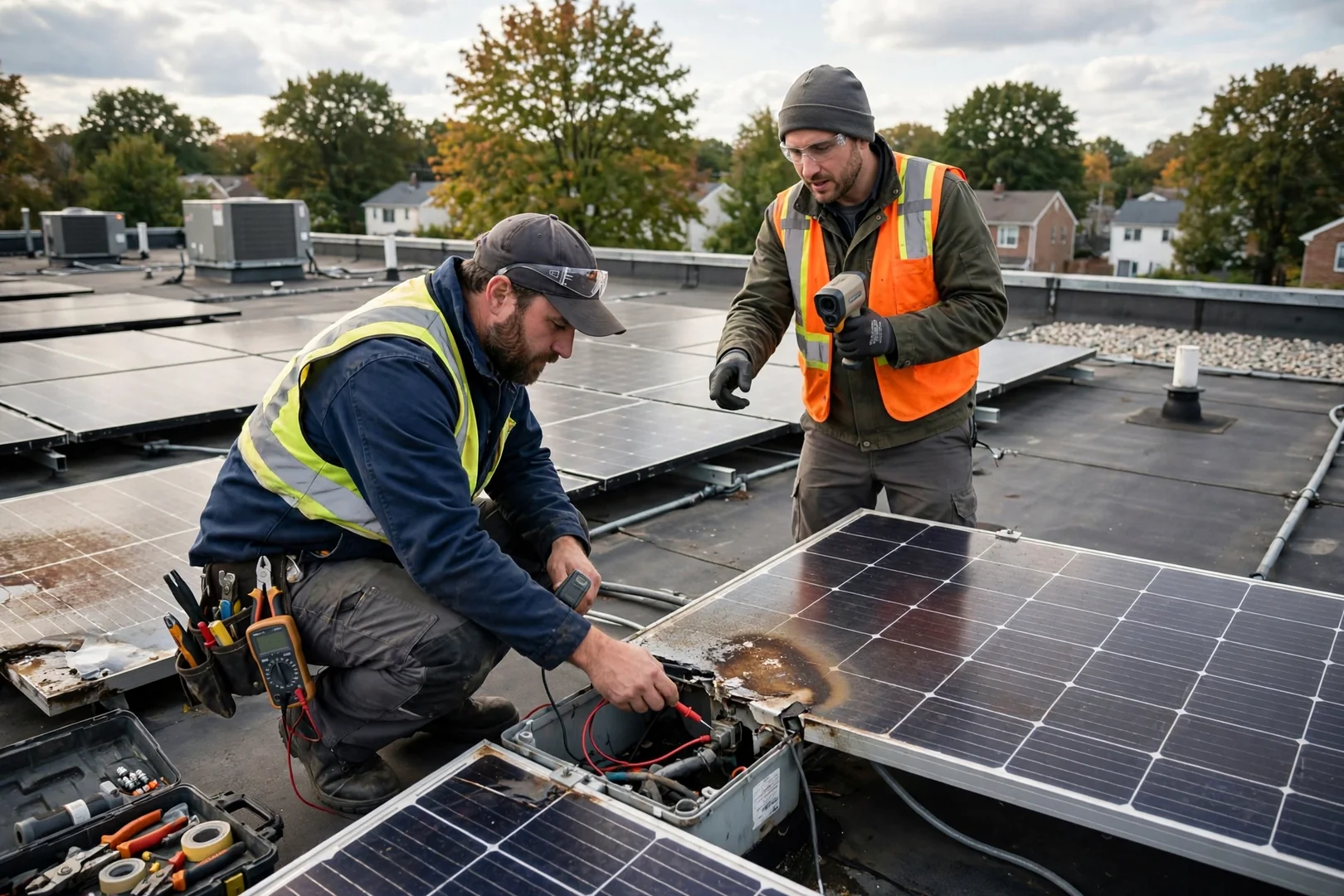 Technician testing array wiring during a routine solar maintenance inspection