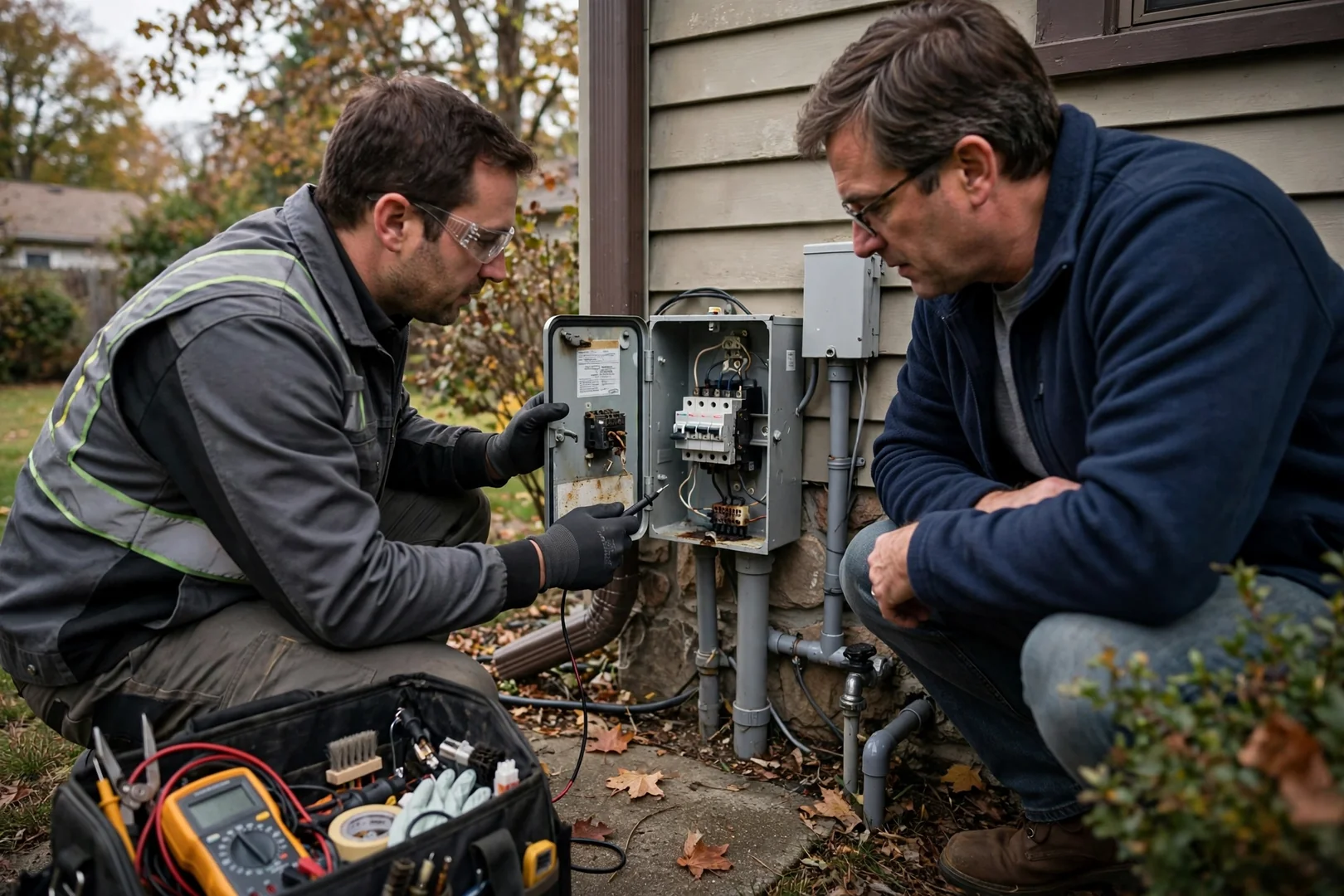 Solar technician reviewing rooftop panel layout with homeowner in Fair Lawn
