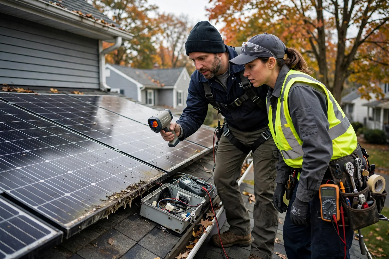 Solar technician testing rooftop array wiring with a meter on a Fair Lawn home