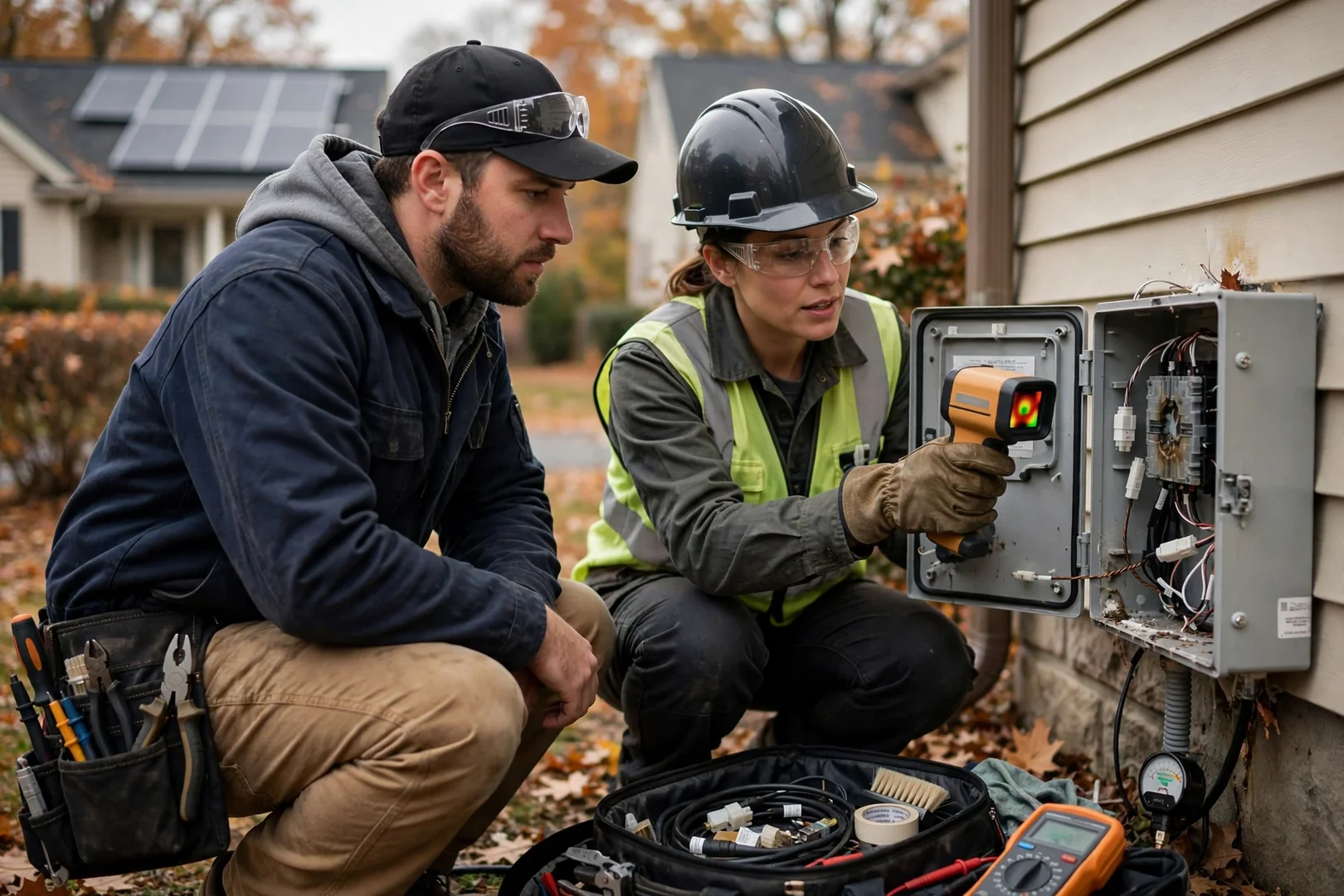 Solar technician reviewing a written rooftop array estimate with a Fair Lawn homeowner