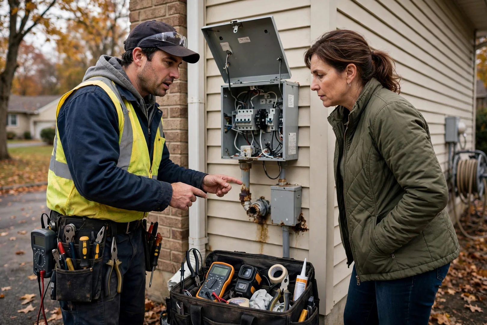 Technician inspecting rooftop solar panel array and wiring on a Fair Lawn home