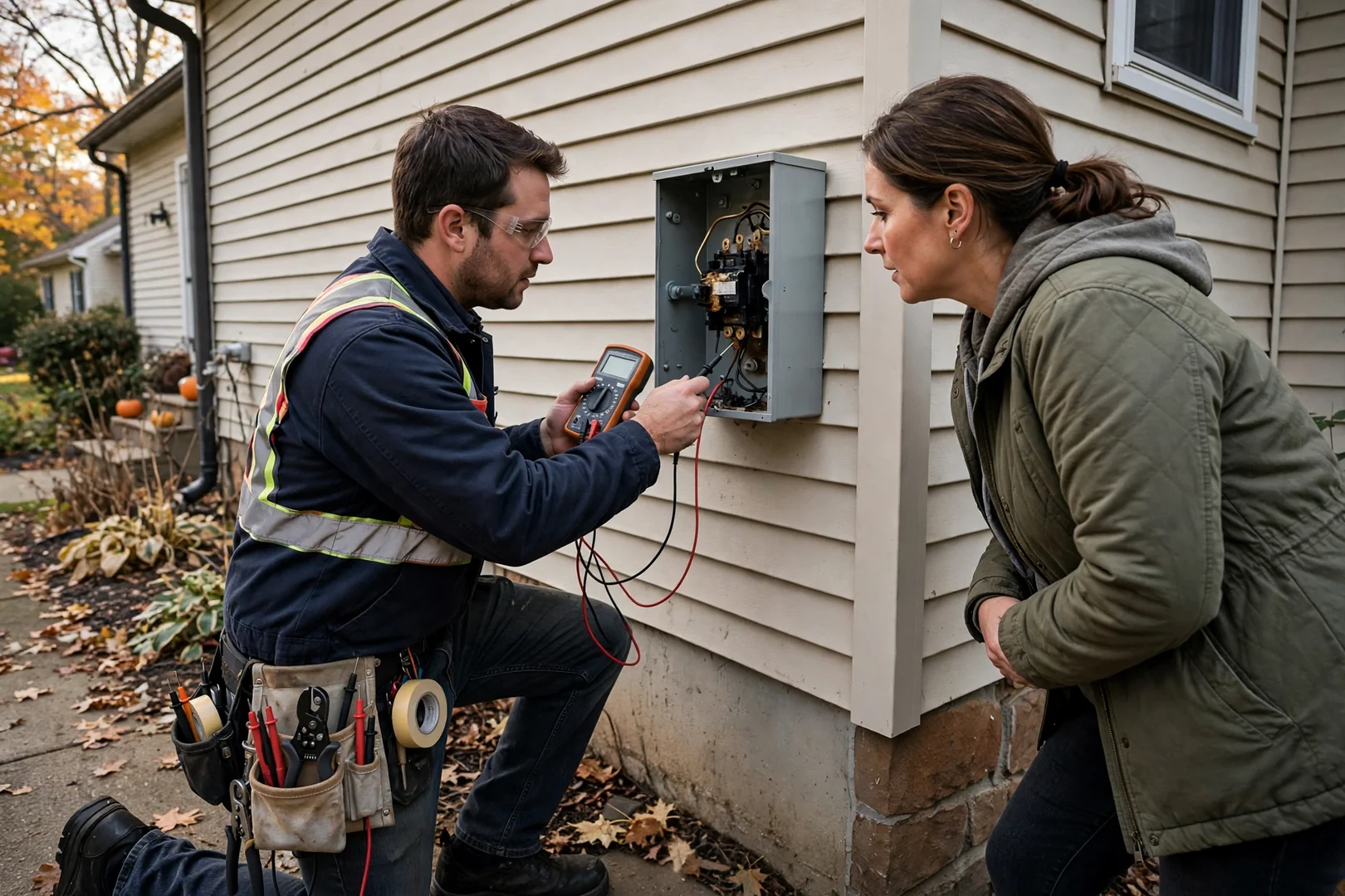 Solar technician checking inverter readings and racking hardware on a Fair Lawn home roof