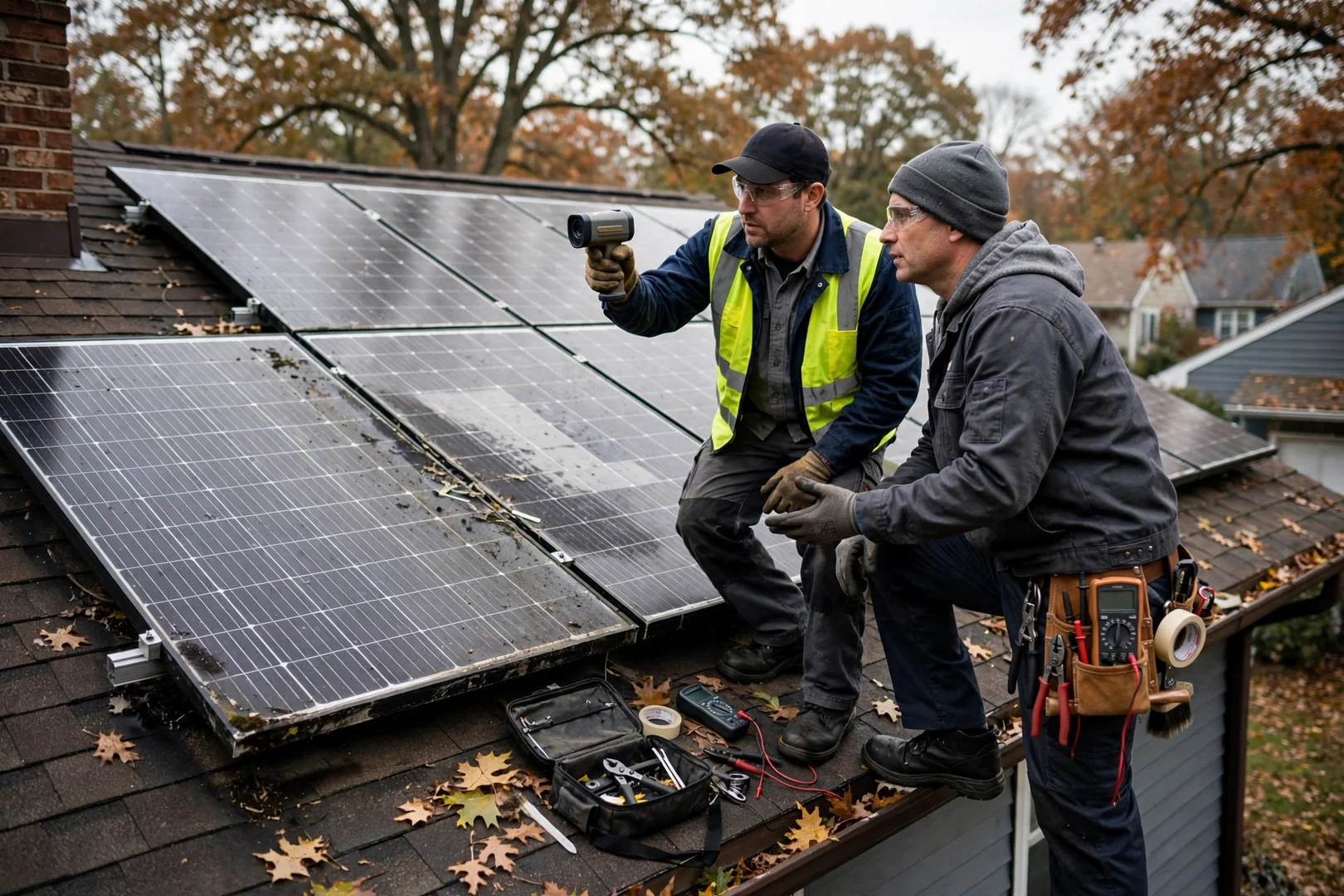 Experienced solar technicians testing inverter wiring and connections at a Fair Lawn property