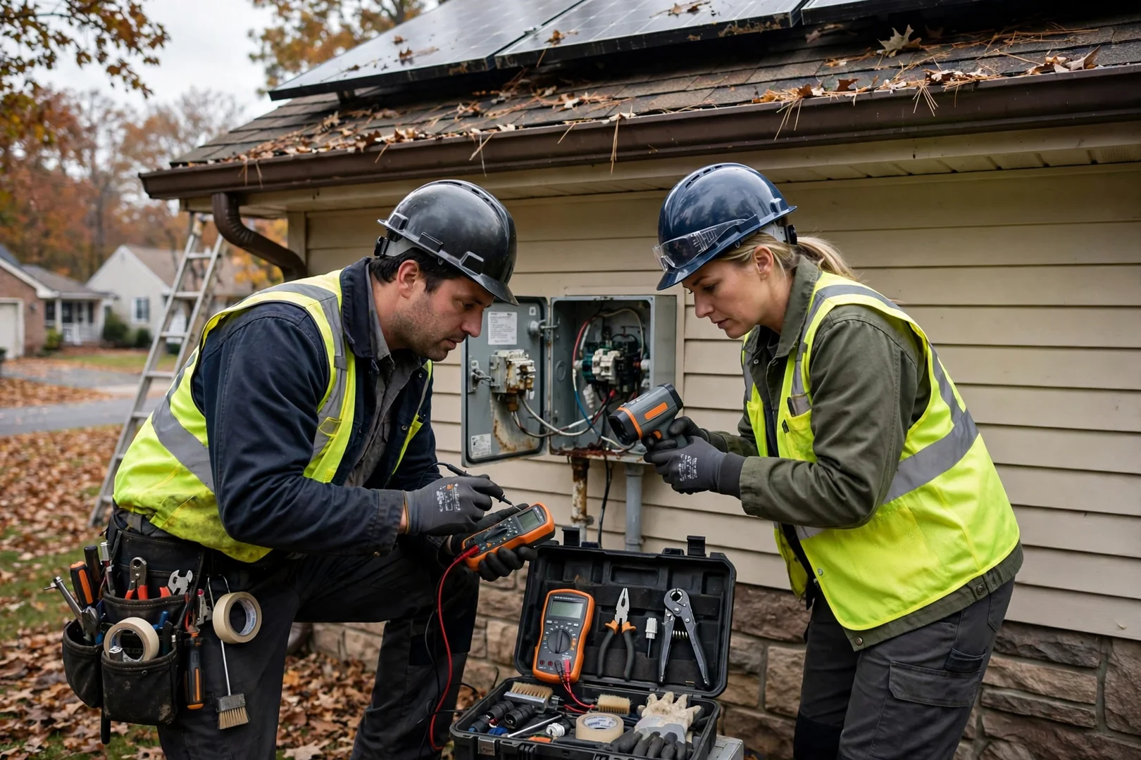 Technician testing string voltage on a rooftop solar array during a repair inspection
