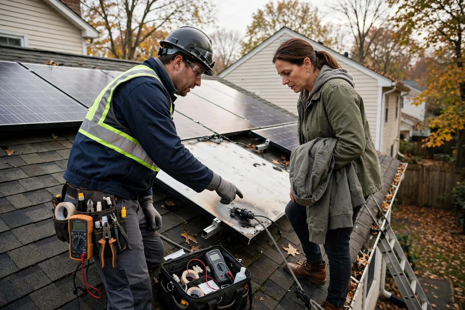 Solar technician testing rooftop panel wiring during a repair visit in Fair Lawn