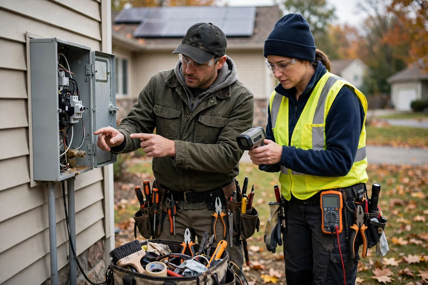 Technician testing rooftop solar array wiring during a repair visit in Fair Lawn