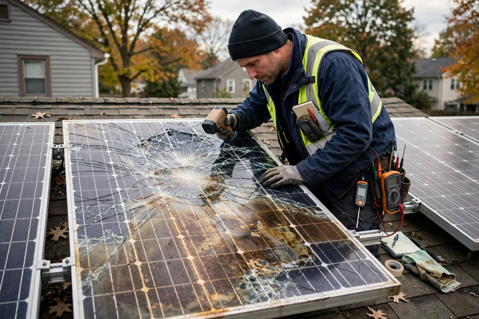 Cracked solar module glass and browning cells found during a rooftop diagnostic inspection