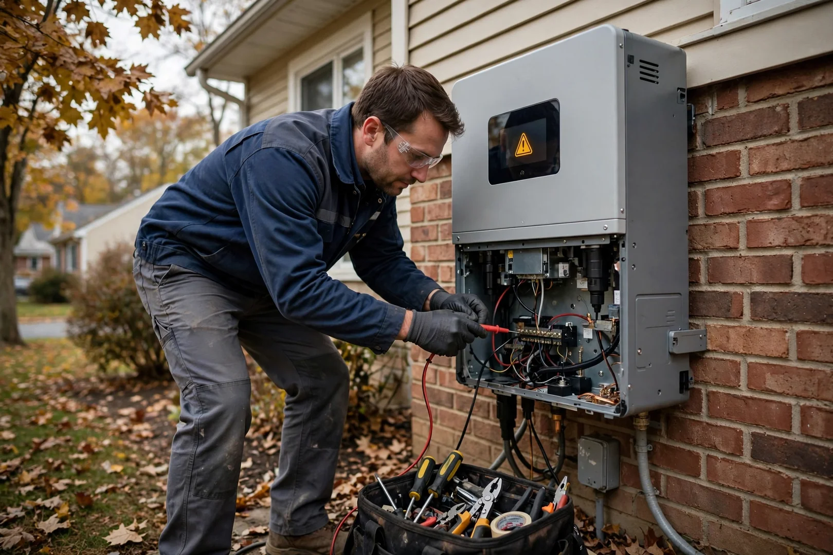 Solar inverter display showing a fault code during troubleshooting at a Fair Lawn home
