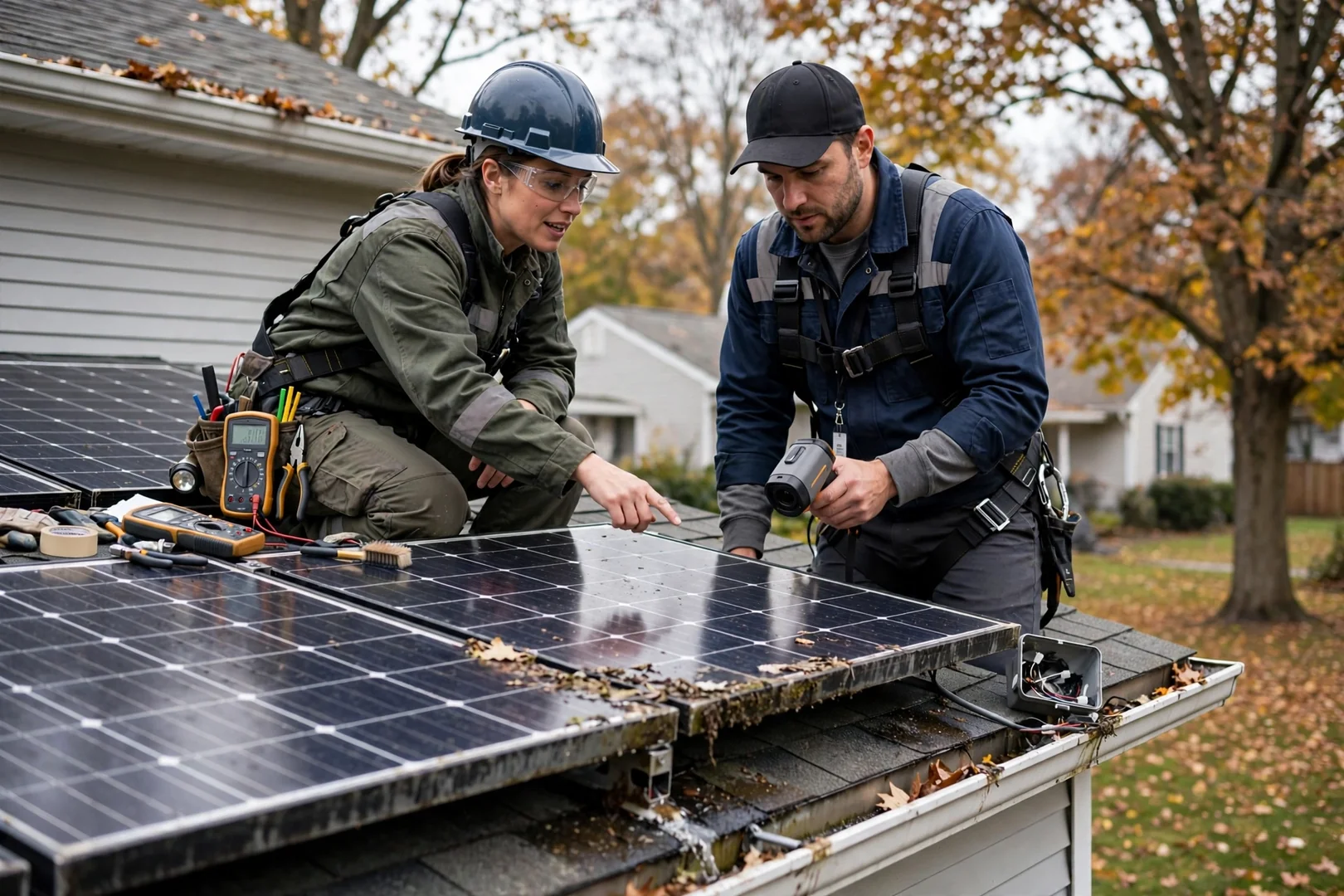 Technician measuring string voltage on a residential rooftop solar array in Fair Lawn