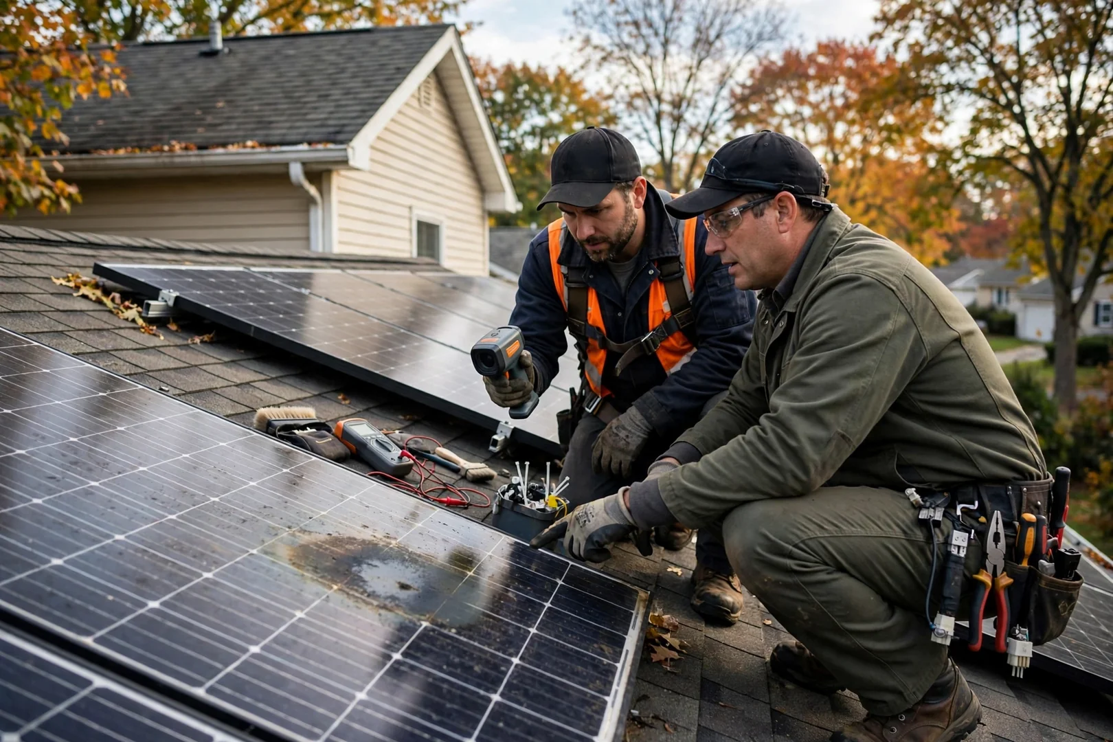 Solar technician inspecting rooftop panel array during replacement assessment in Fair Lawn