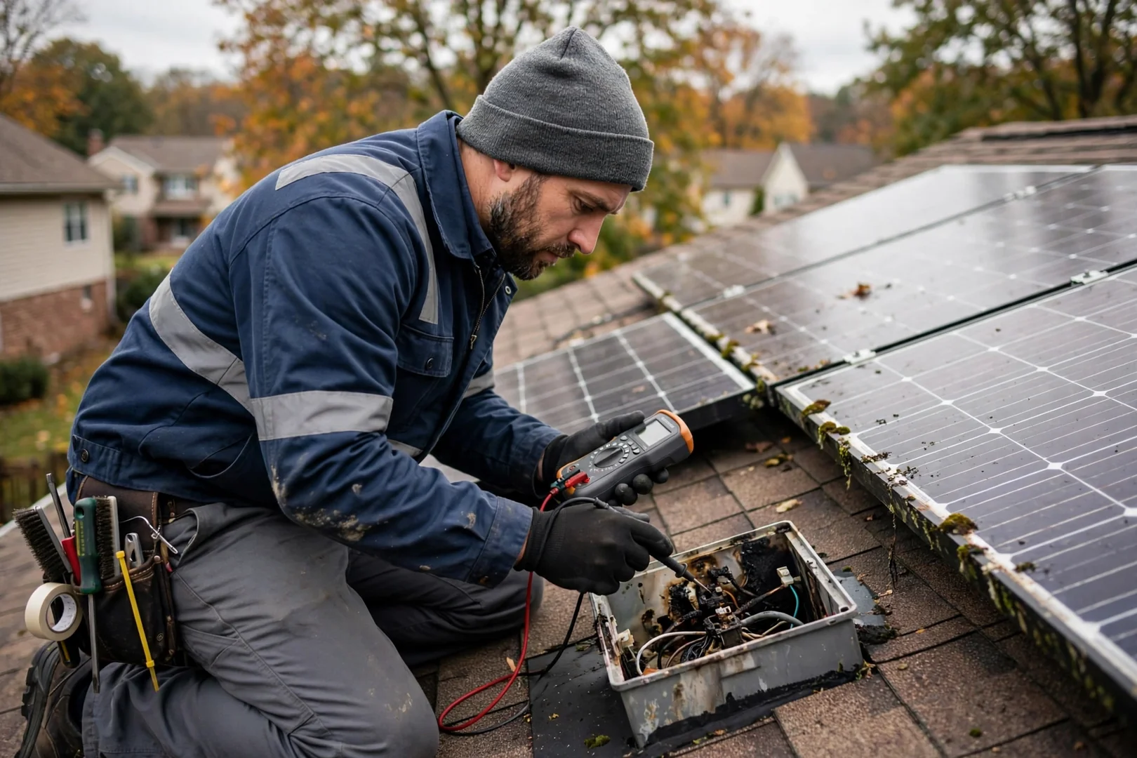 New solar module lifted onto roof mounting rails